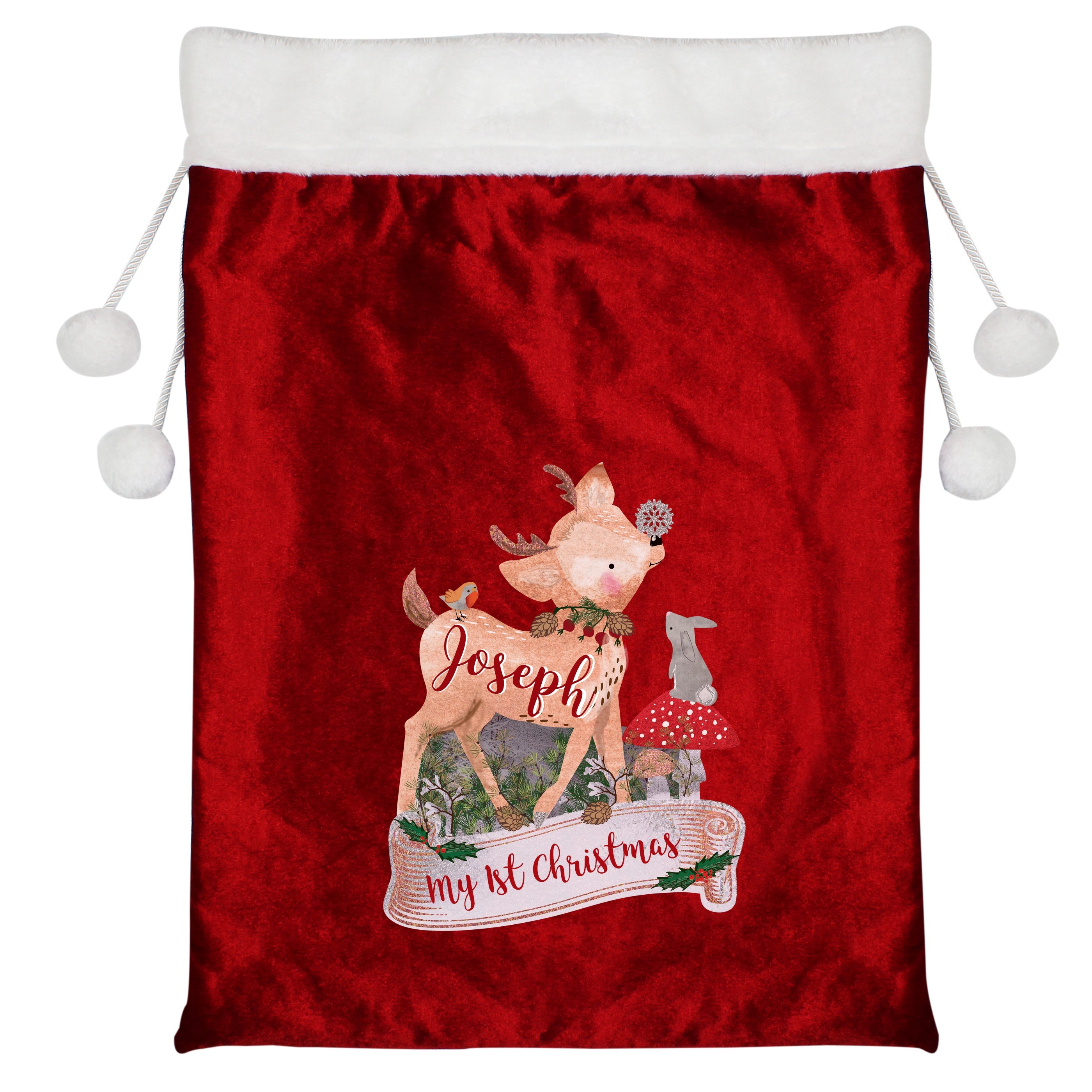 Christmas Decorations Personalised Festive Fawn Luxury Pom Pom Red Sack