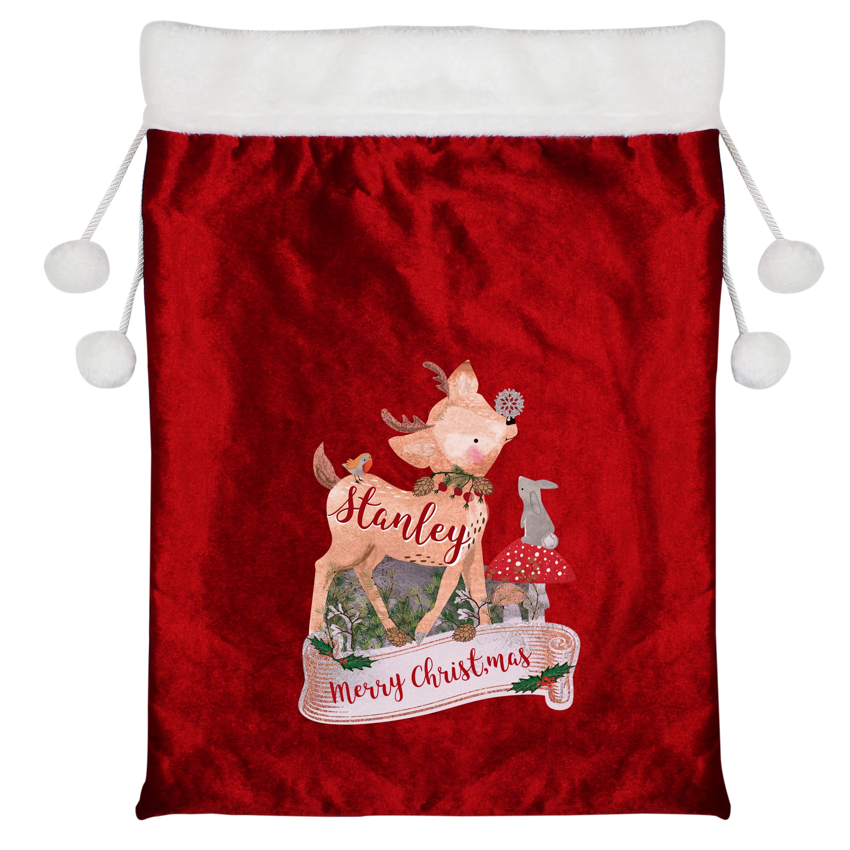 Christmas Decorations Personalised Festive Fawn Luxury Pom Pom Red Sack
