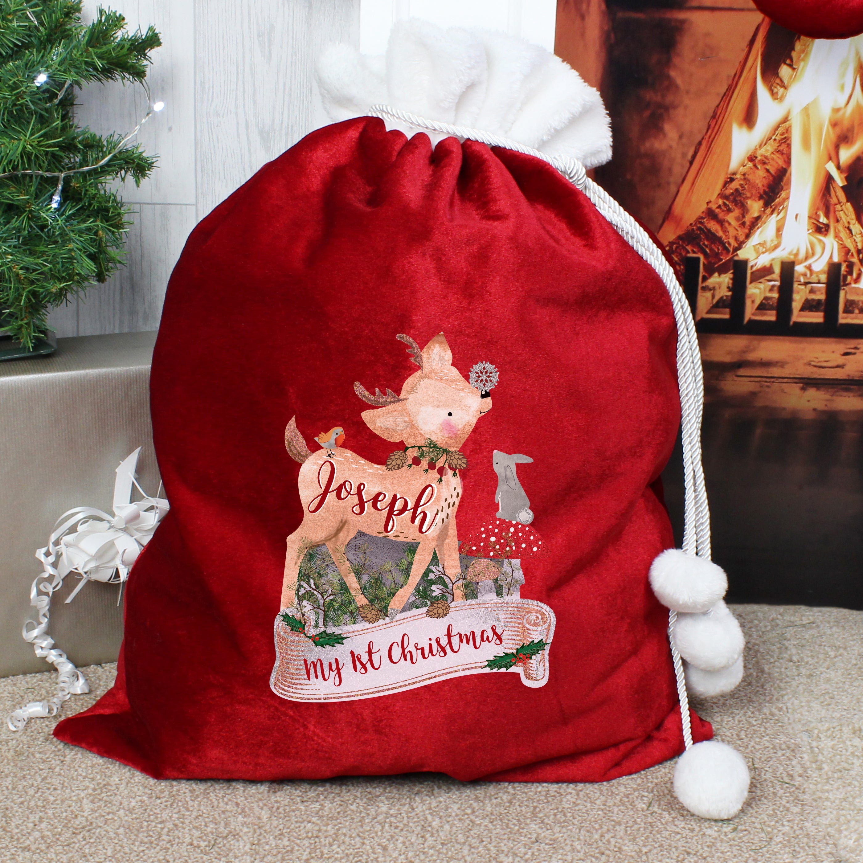Christmas Decorations Personalised Festive Fawn Luxury Pom Pom Red Sack