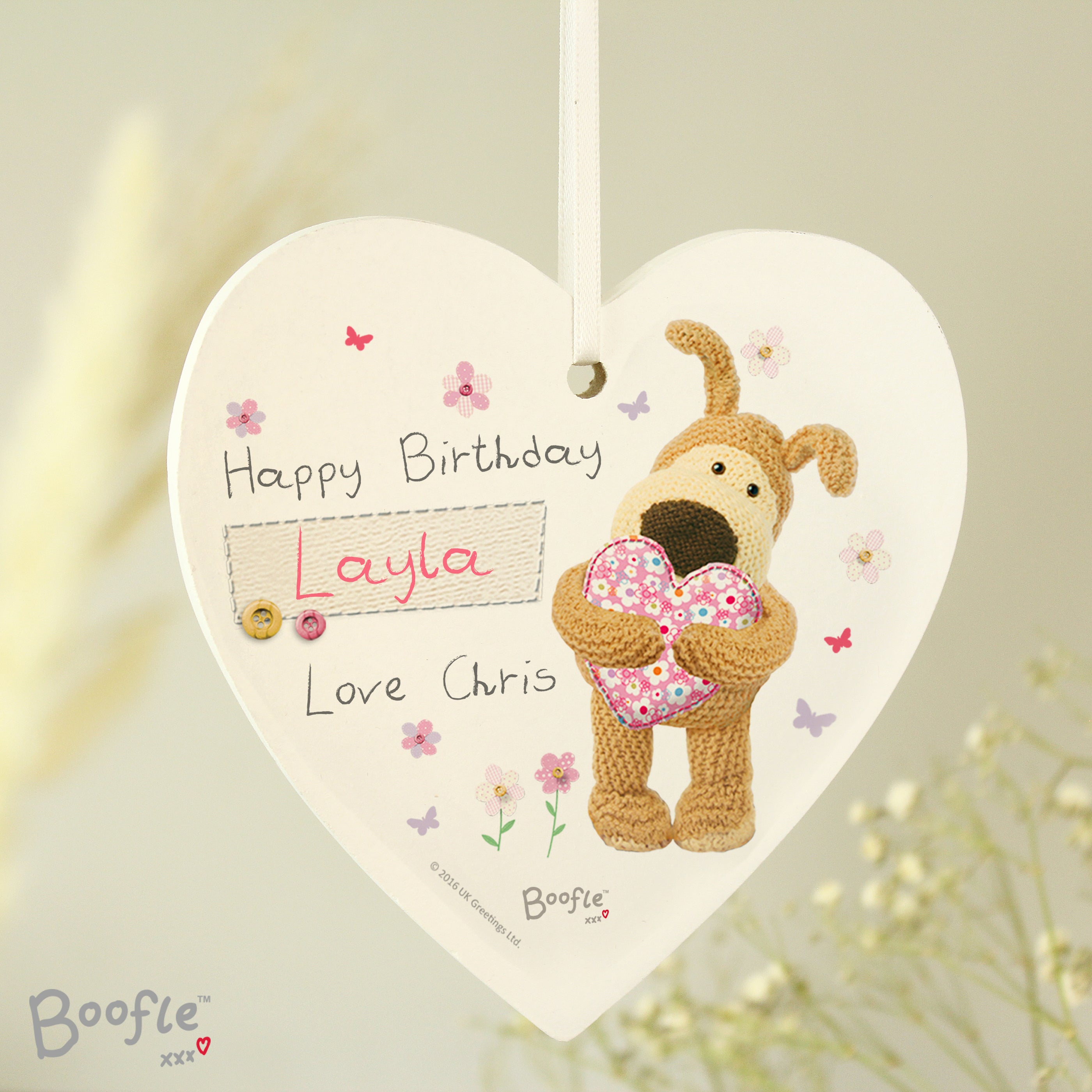 Hanging Decorations & Signs Personalised Boofle Flowers Wooden Heart Decoration