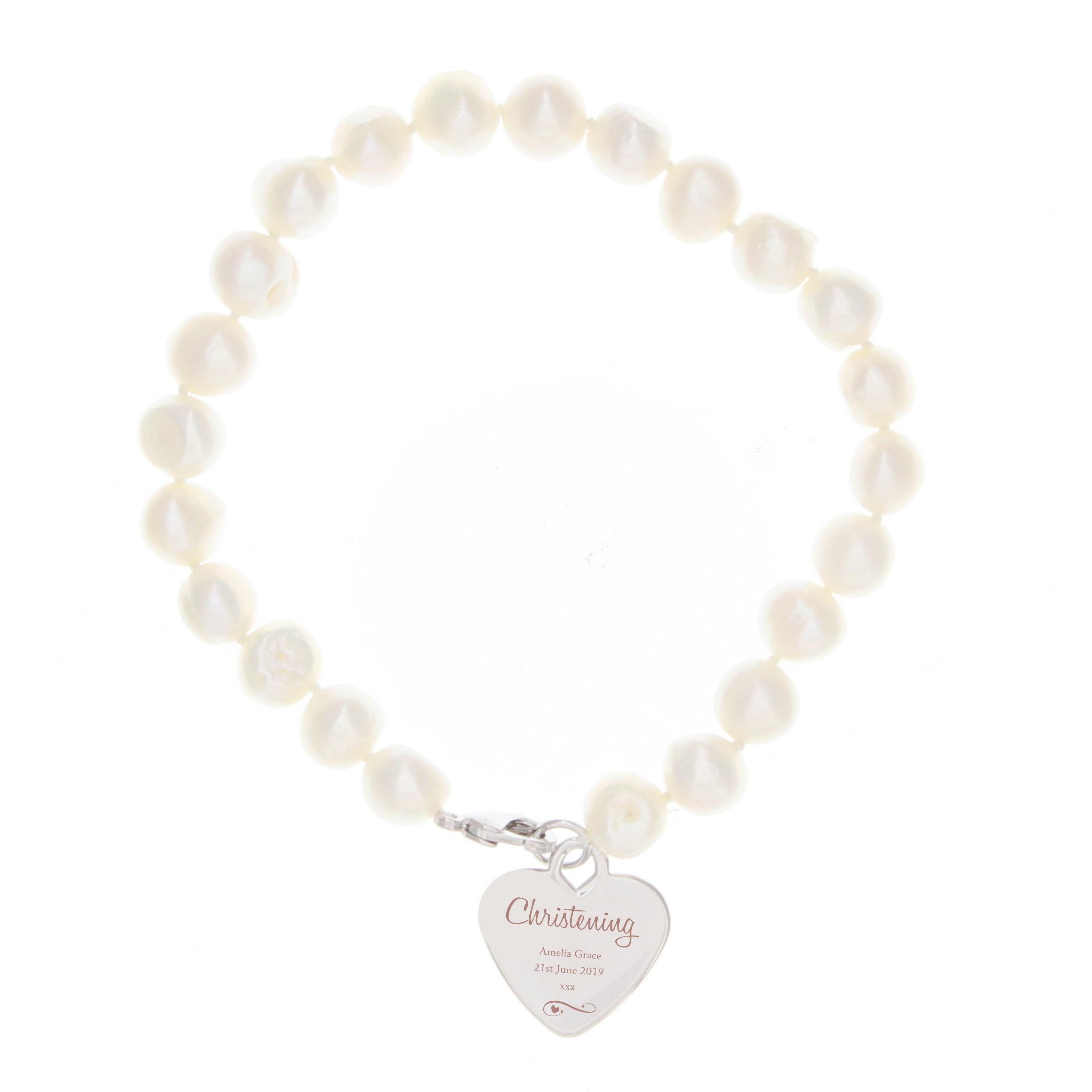 Jewellery Personalised Christening Swirls & Hearts White Freshwater Pearl Bracelet
