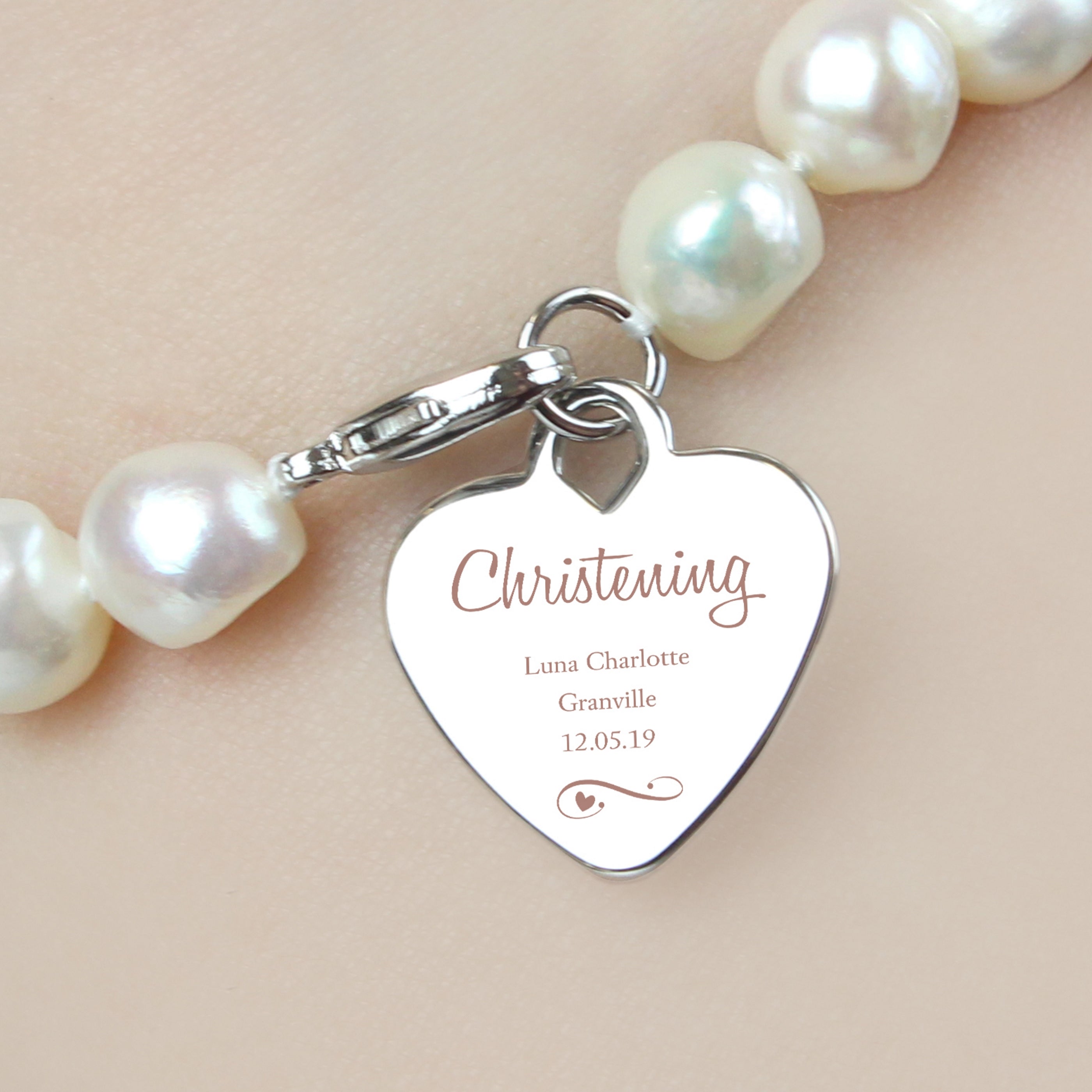 Jewellery Personalised Christening Swirls & Hearts White Freshwater Pearl Bracelet