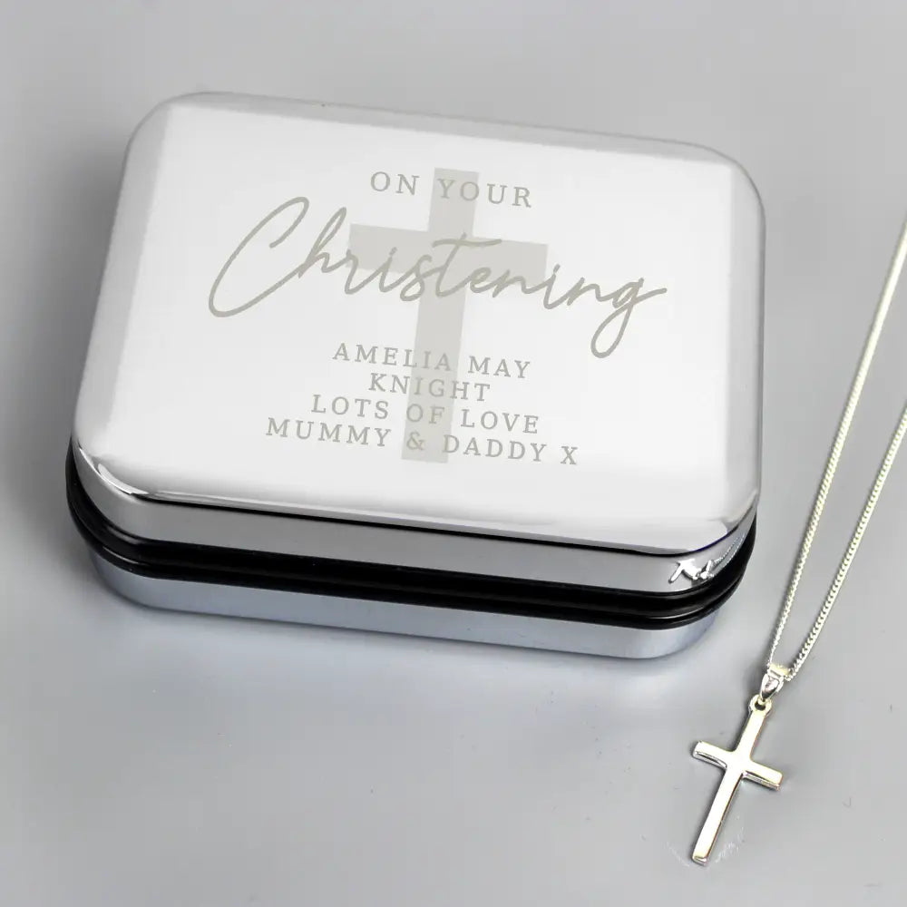 Jewellery Personalised Christening Trinket Box & Sterling Silver Cross Necklace Set