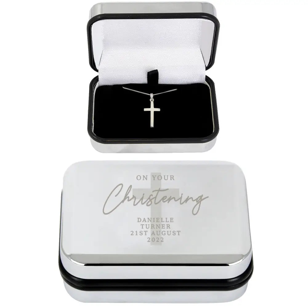 Jewellery Personalised Christening Trinket Box & Sterling Silver Cross Necklace Set