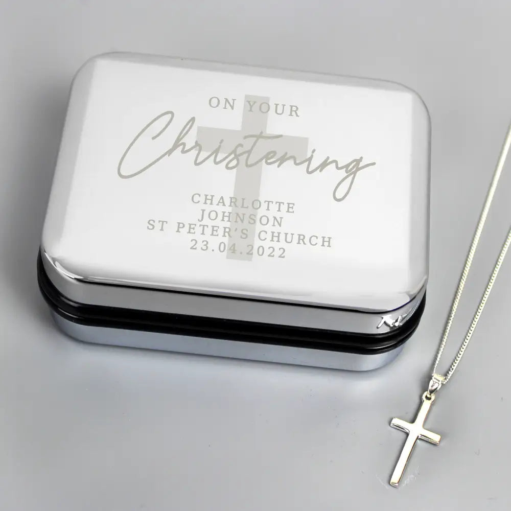Jewellery Personalised Christening Trinket Box & Sterling Silver Cross Necklace Set