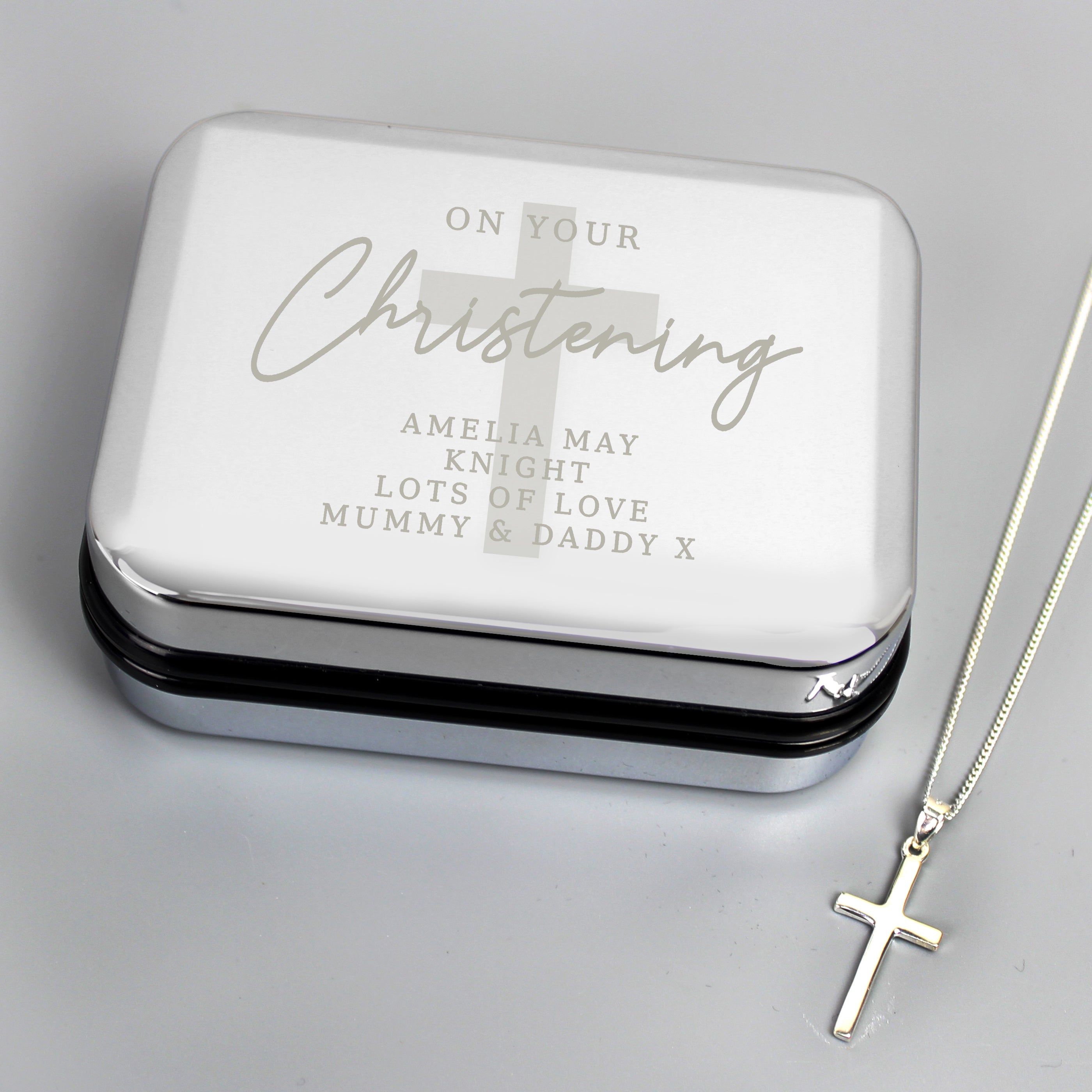 Jewellery Personalised Christening Trinket Box & Sterling Silver Cross Necklace Set