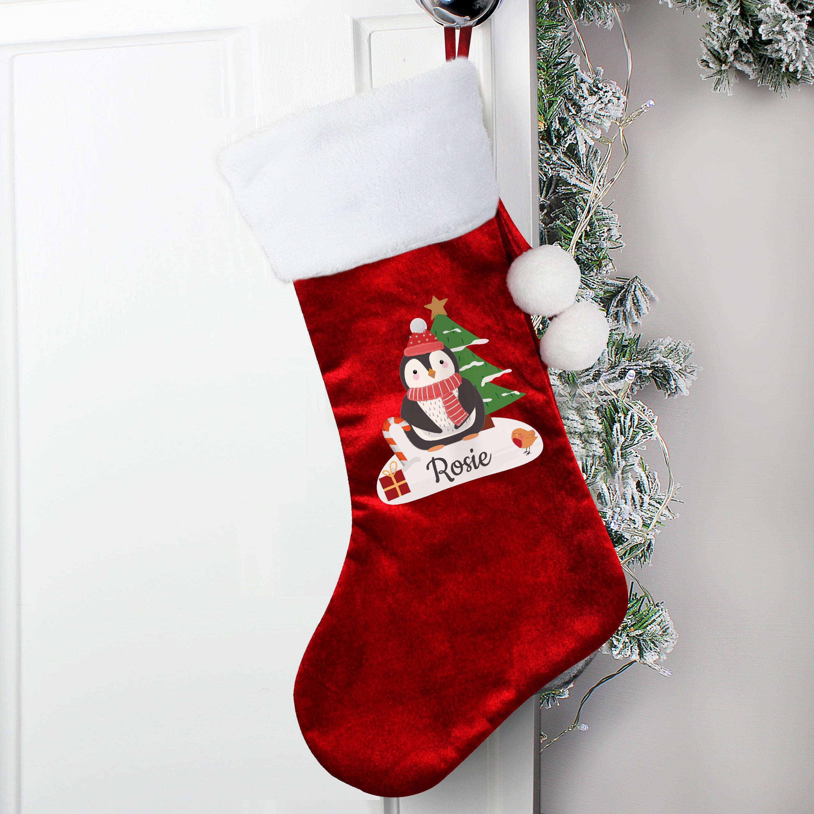 Christmas Decorations Personalised Christmas Penguin Red Stocking