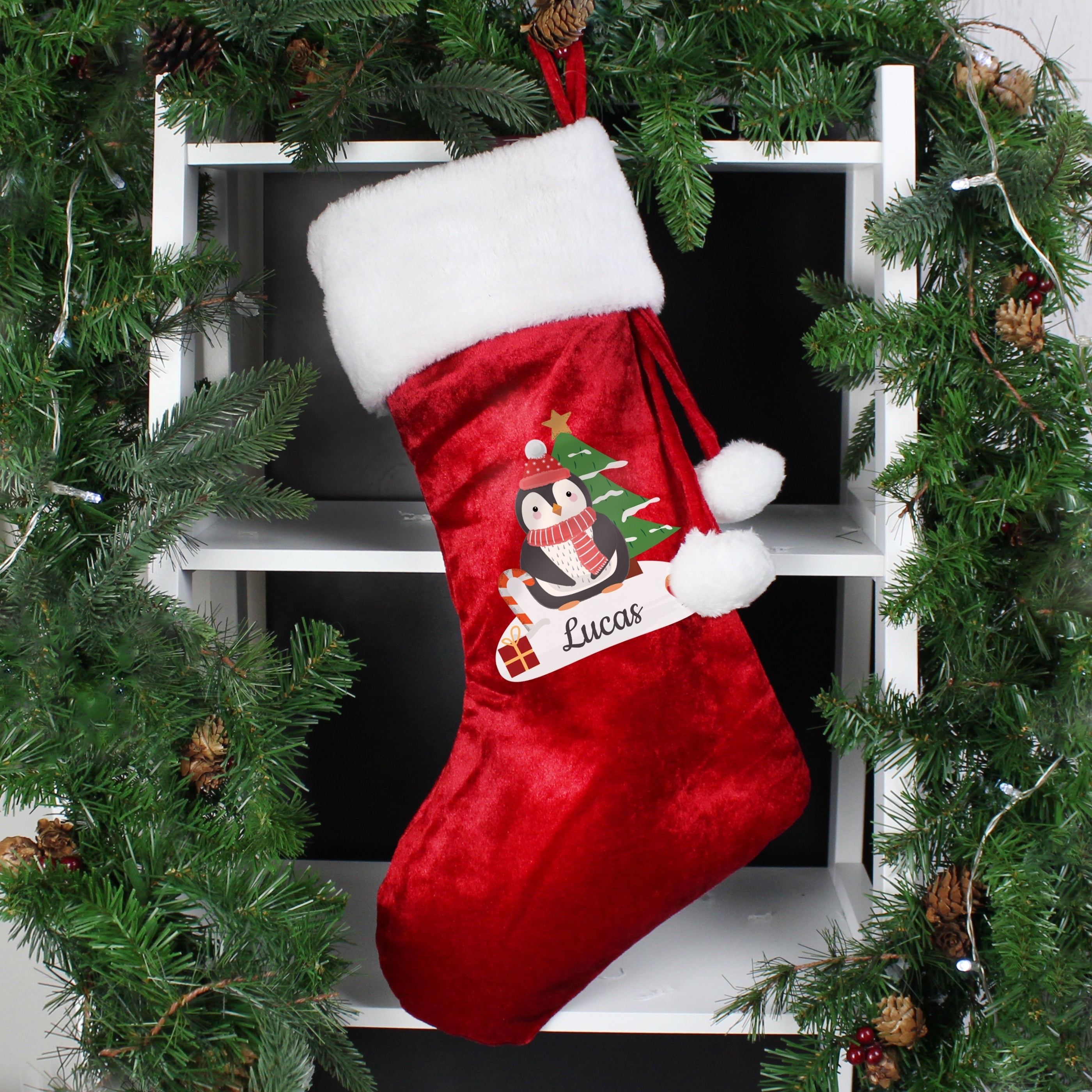 Christmas Decorations Personalised Christmas Penguin Red Stocking