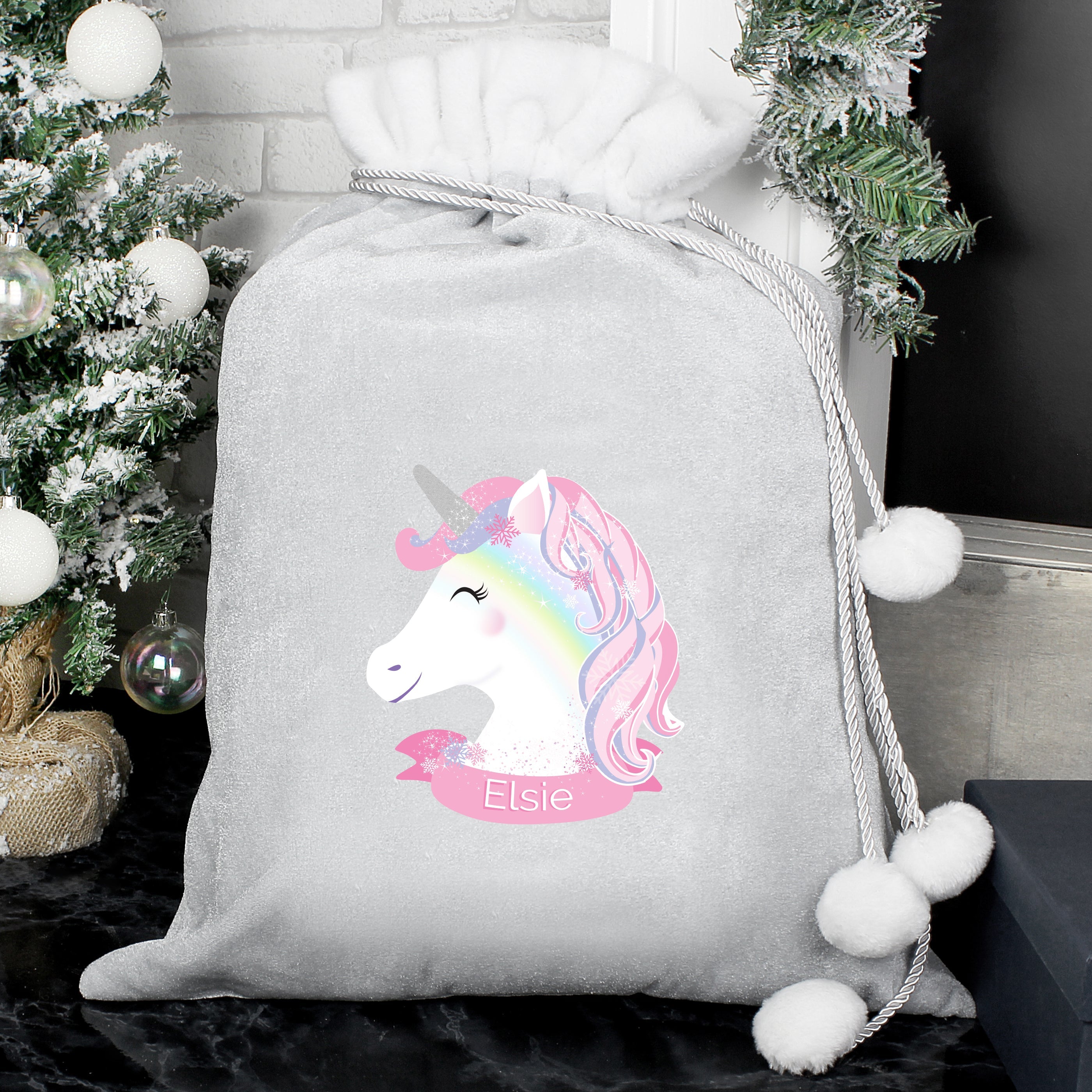 Christmas Decorations Personalised Christmas Unicorn Luxury Silver Grey Pom Pom Sack