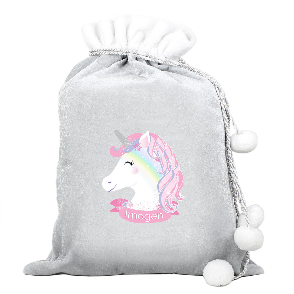 Christmas Decorations Personalised Christmas Unicorn Luxury Silver Grey Pom Pom Sack