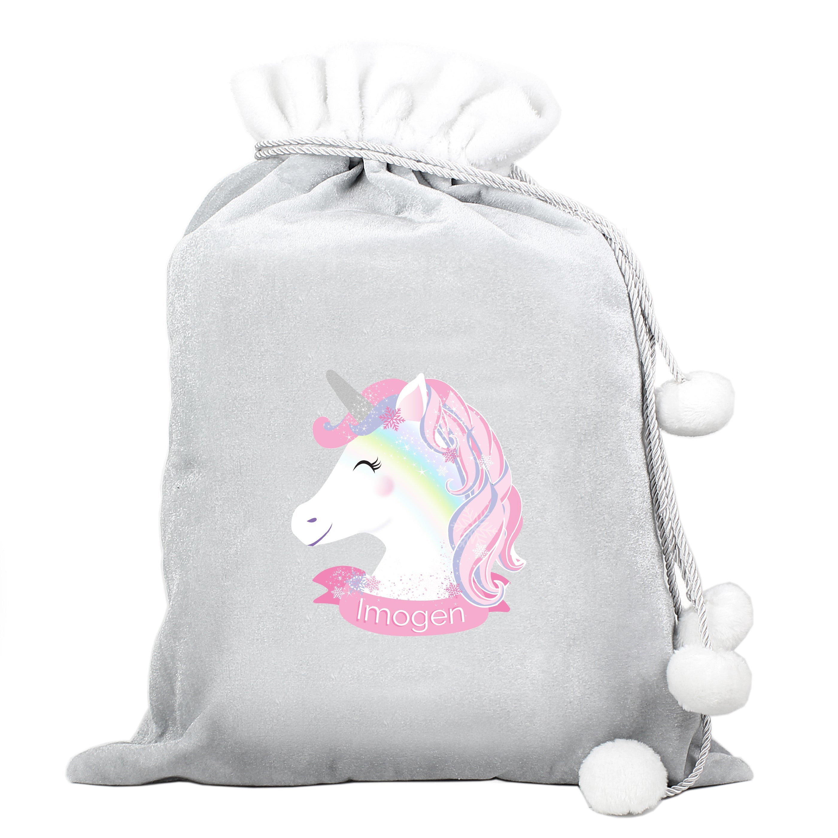 Christmas Decorations Personalised Christmas Unicorn Luxury Silver Grey Pom Pom Sack