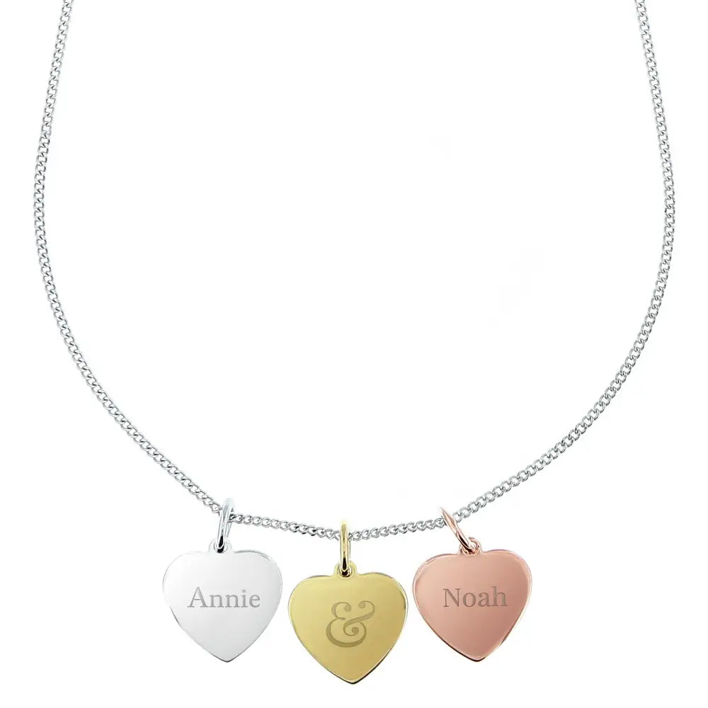 Jewellery Personalised Couples Gold Rose Gold and Silver 3 Hearts Necklace