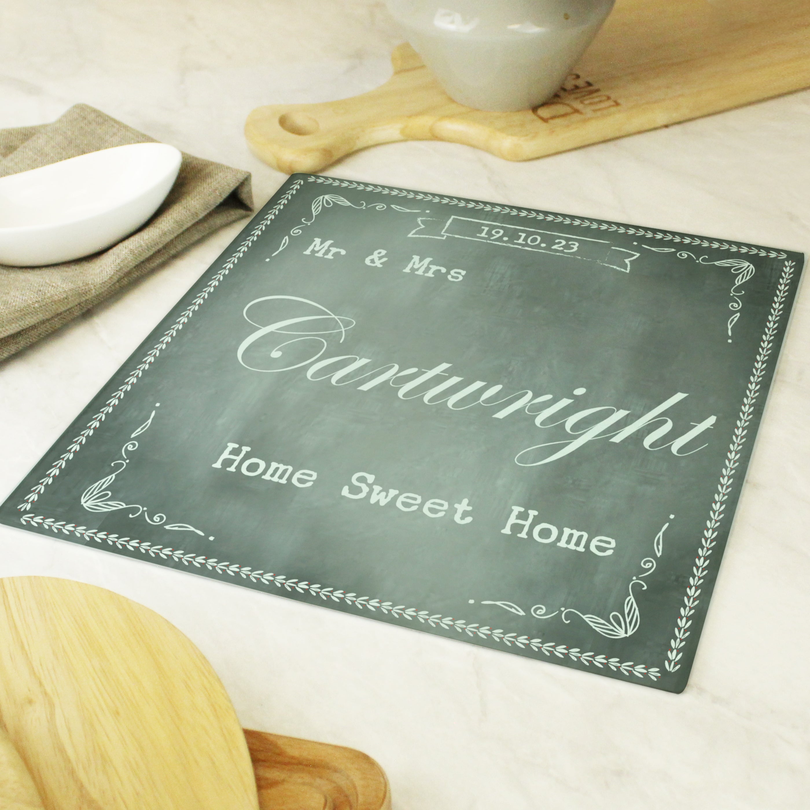 Kitchen, Baking & Dining Gifts Personalised Family Chalk Glass Chopping Board/Worktop Saver