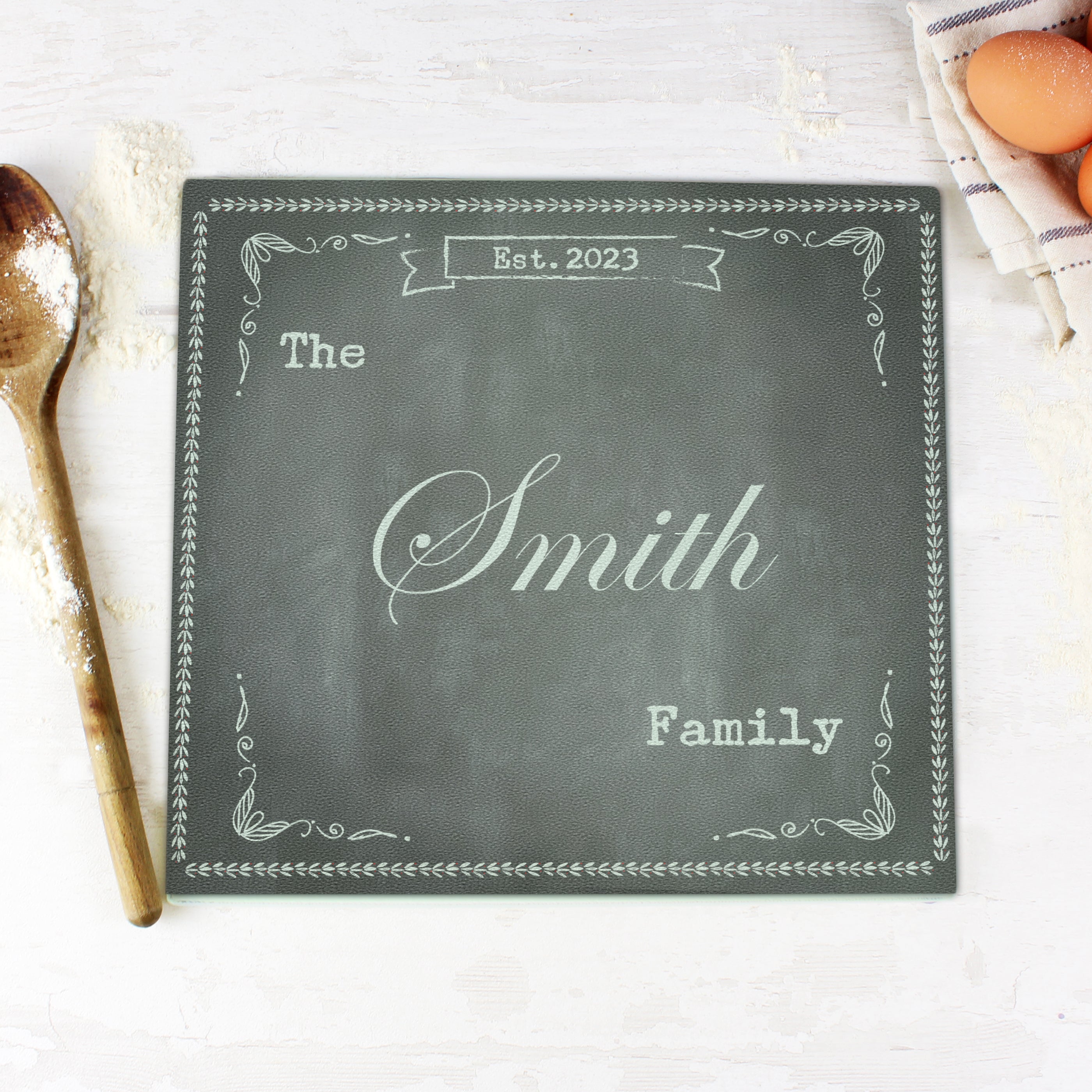 Kitchen, Baking & Dining Gifts Personalised Family Chalk Glass Chopping Board/Worktop Saver
