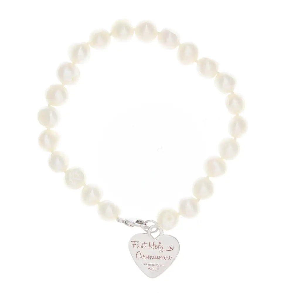 Jewellery Personalised First Holy Communion Swirls & Hearts White Freshwater Pearl Bracelet