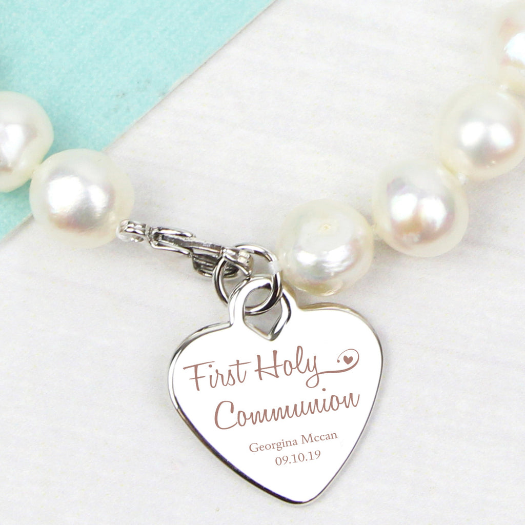 Jewellery Personalised First Holy Communion Swirls & Hearts White Freshwater Pearl Bracelet
