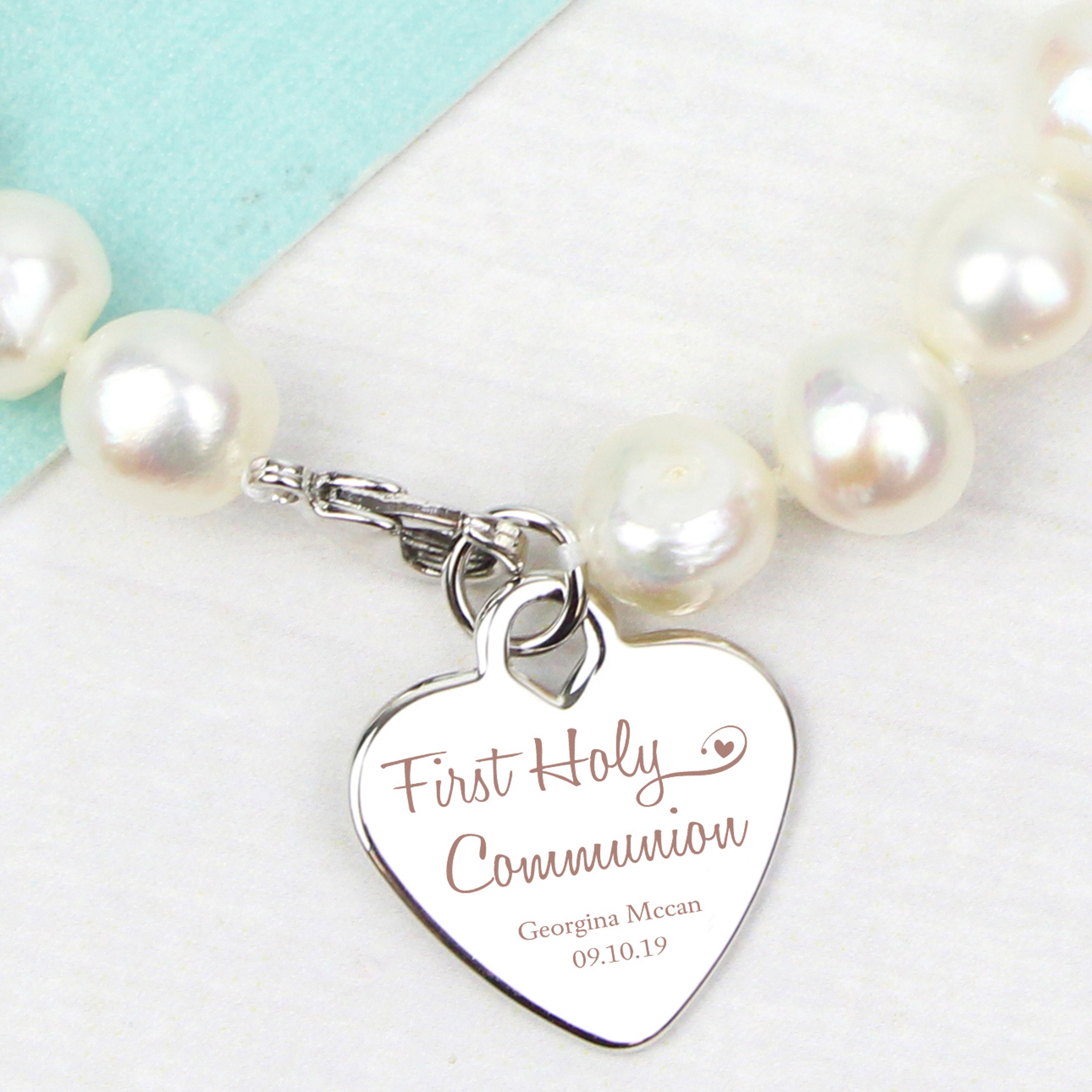 Jewellery Personalised First Holy Communion Swirls & Hearts White Freshwater Pearl Bracelet