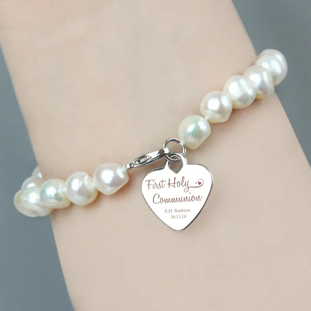 Jewellery Personalised First Holy Communion Swirls & Hearts White Freshwater Pearl Bracelet