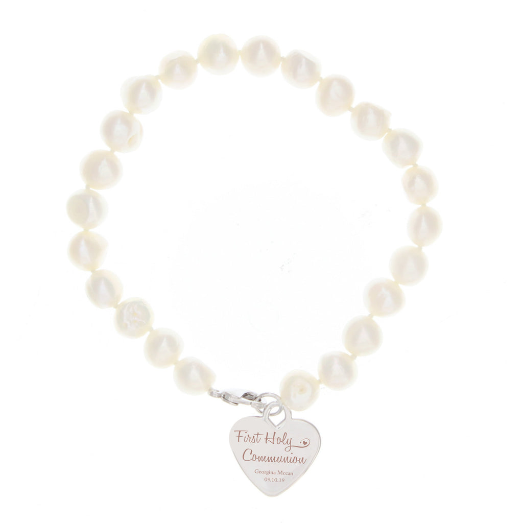 Jewellery Personalised First Holy Communion Swirls & Hearts White Freshwater Pearl Bracelet