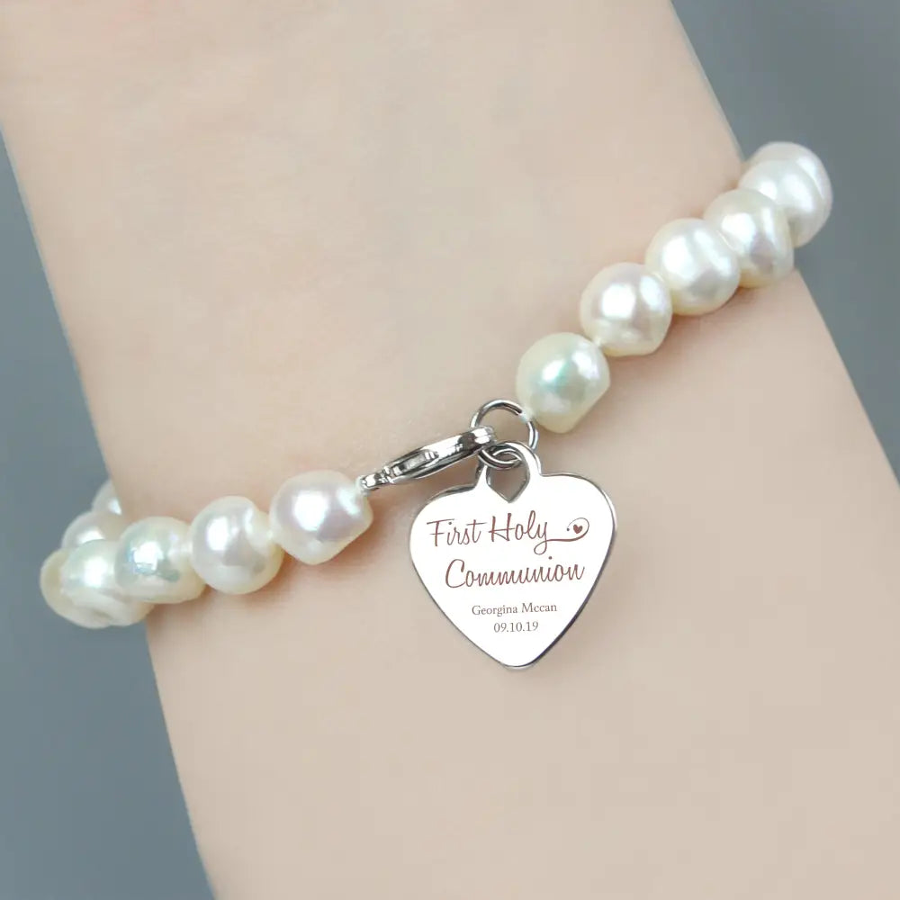 Jewellery Personalised First Holy Communion Swirls & Hearts White Freshwater Pearl Bracelet
