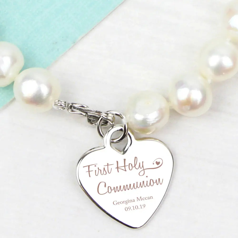 Jewellery Personalised First Holy Communion Swirls & Hearts White Freshwater Pearl Bracelet