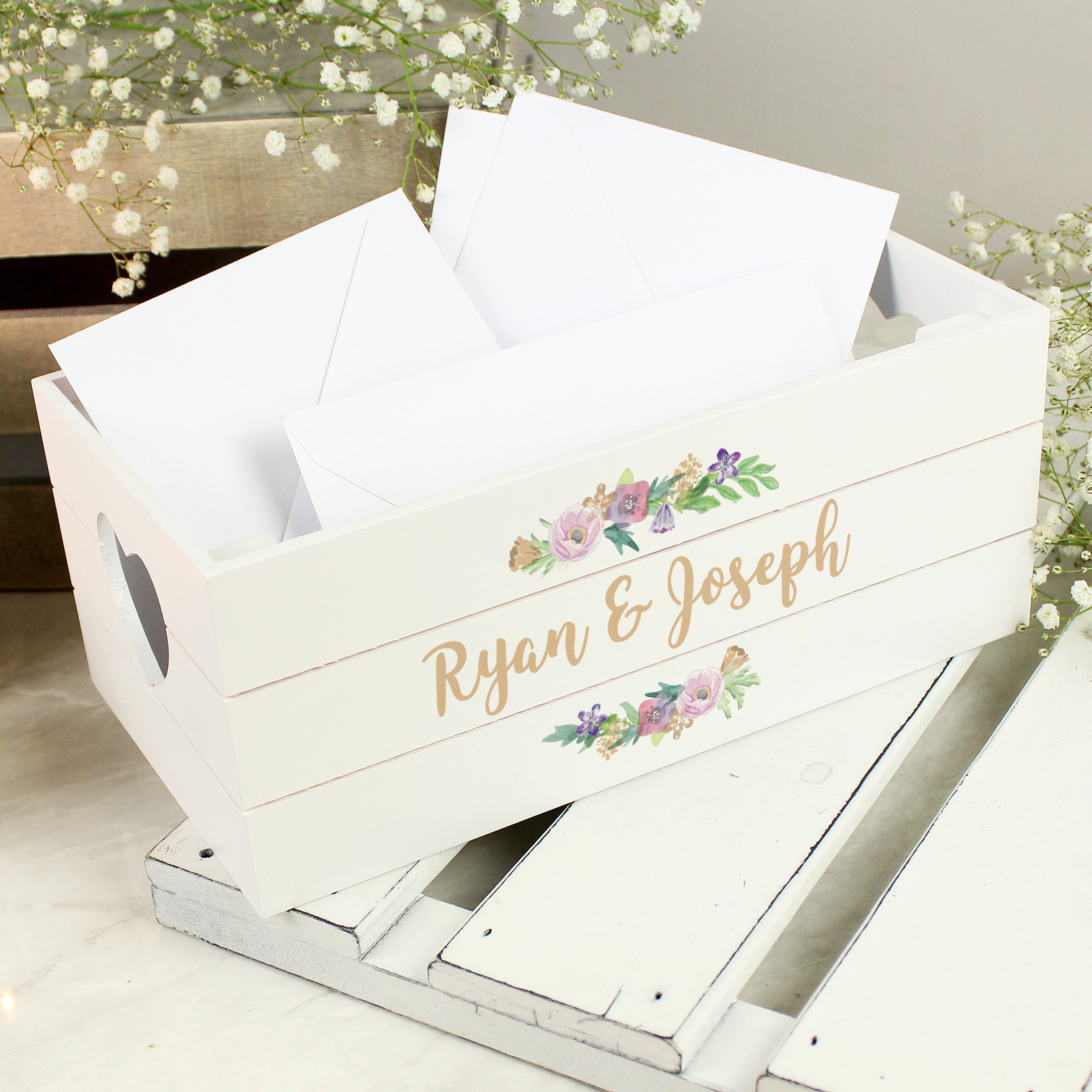 Wooden Personalised Floral Couples White Wooden Crate