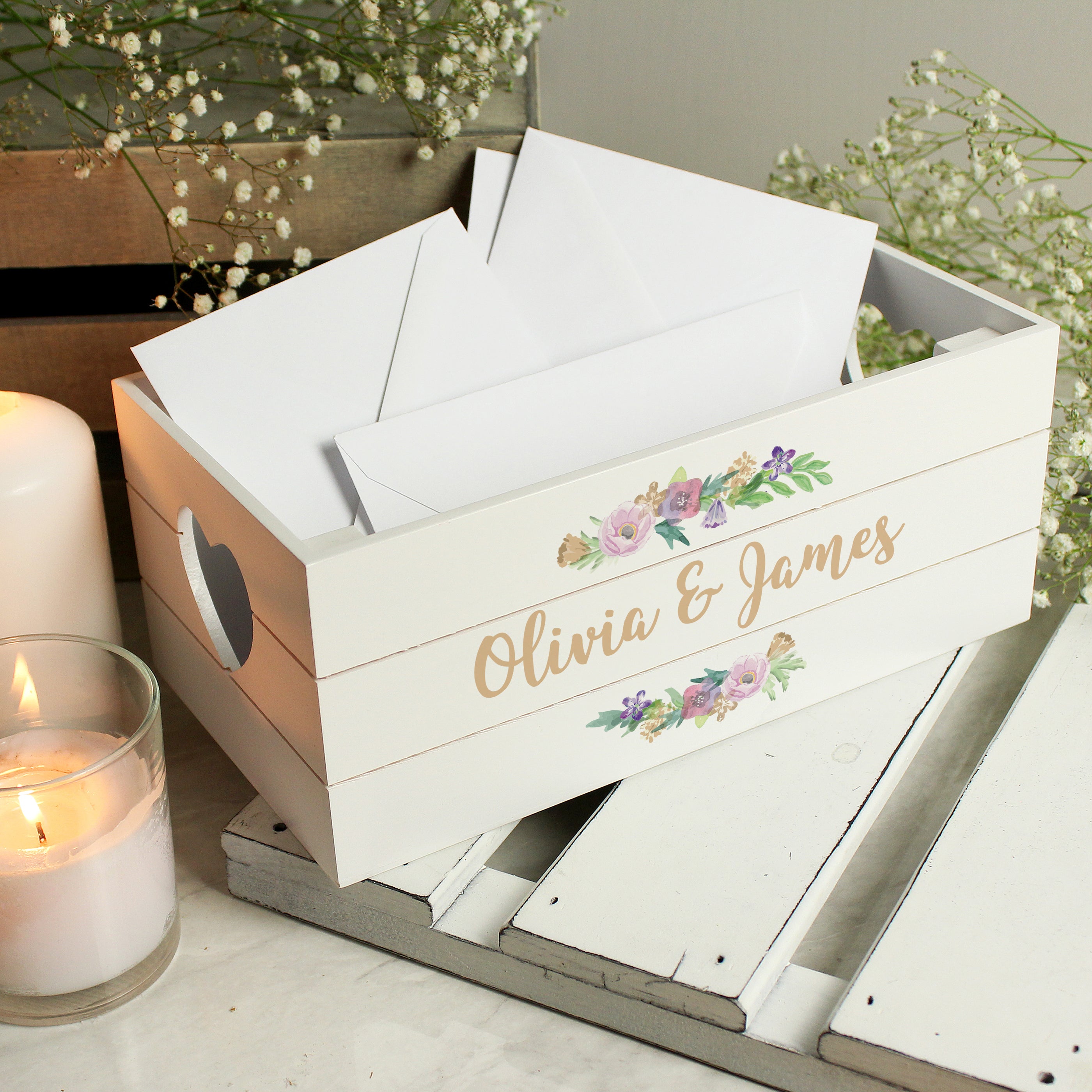 Wooden Personalised Floral Couples White Wooden Crate