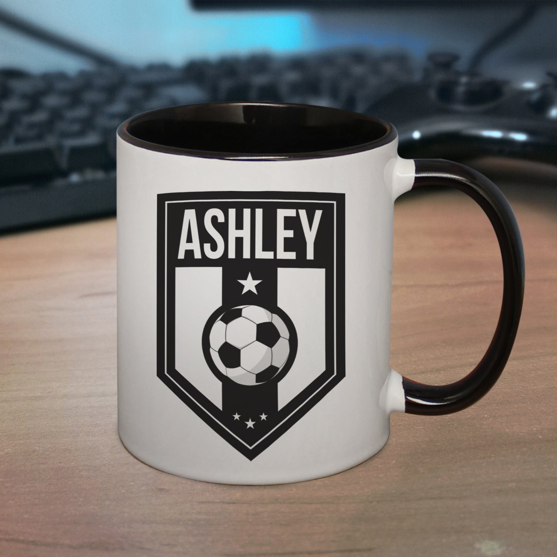 Mugs Personalised Football Badge Black Handled Mug