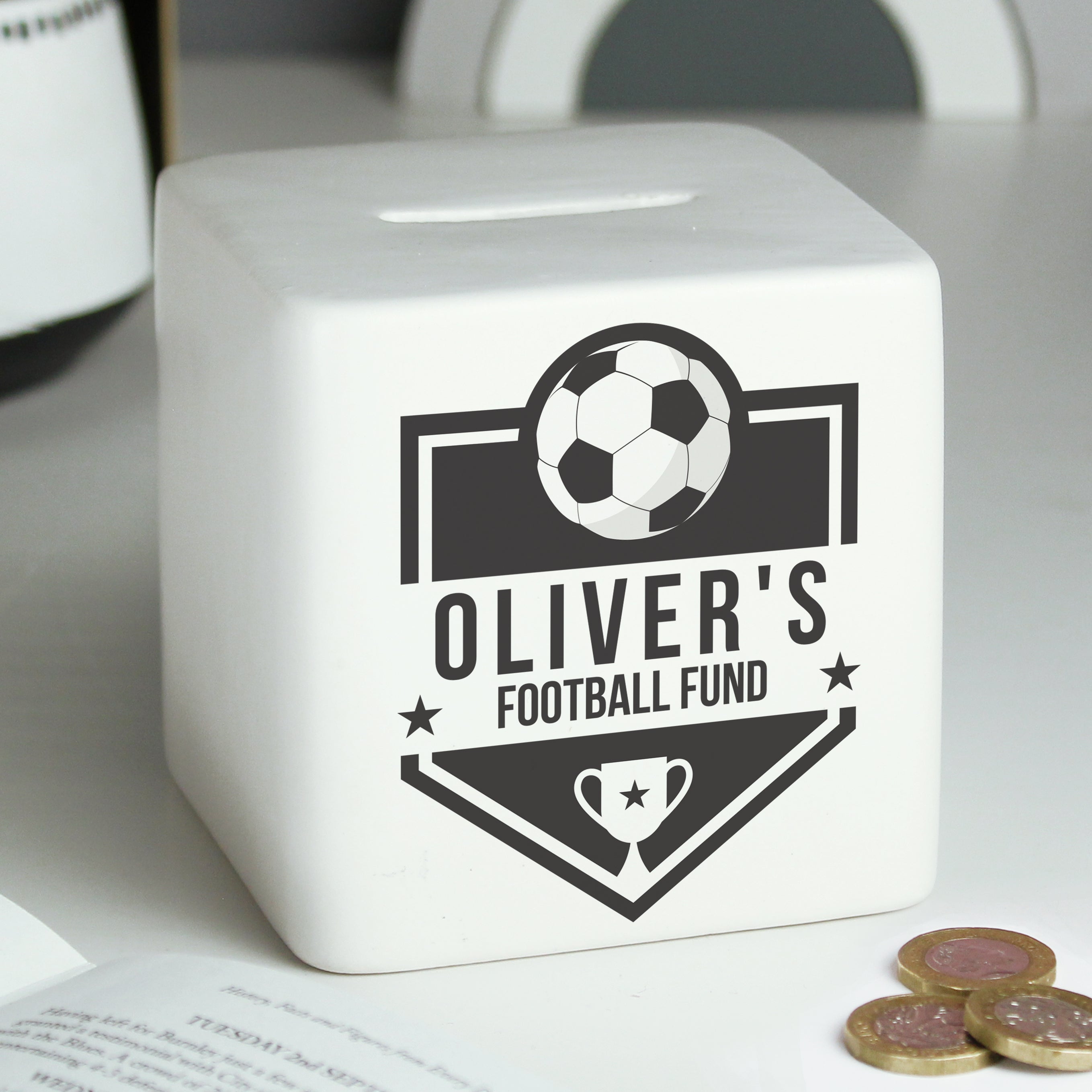 Money Boxes Personalised Football Badge Ceramic Square Money Box