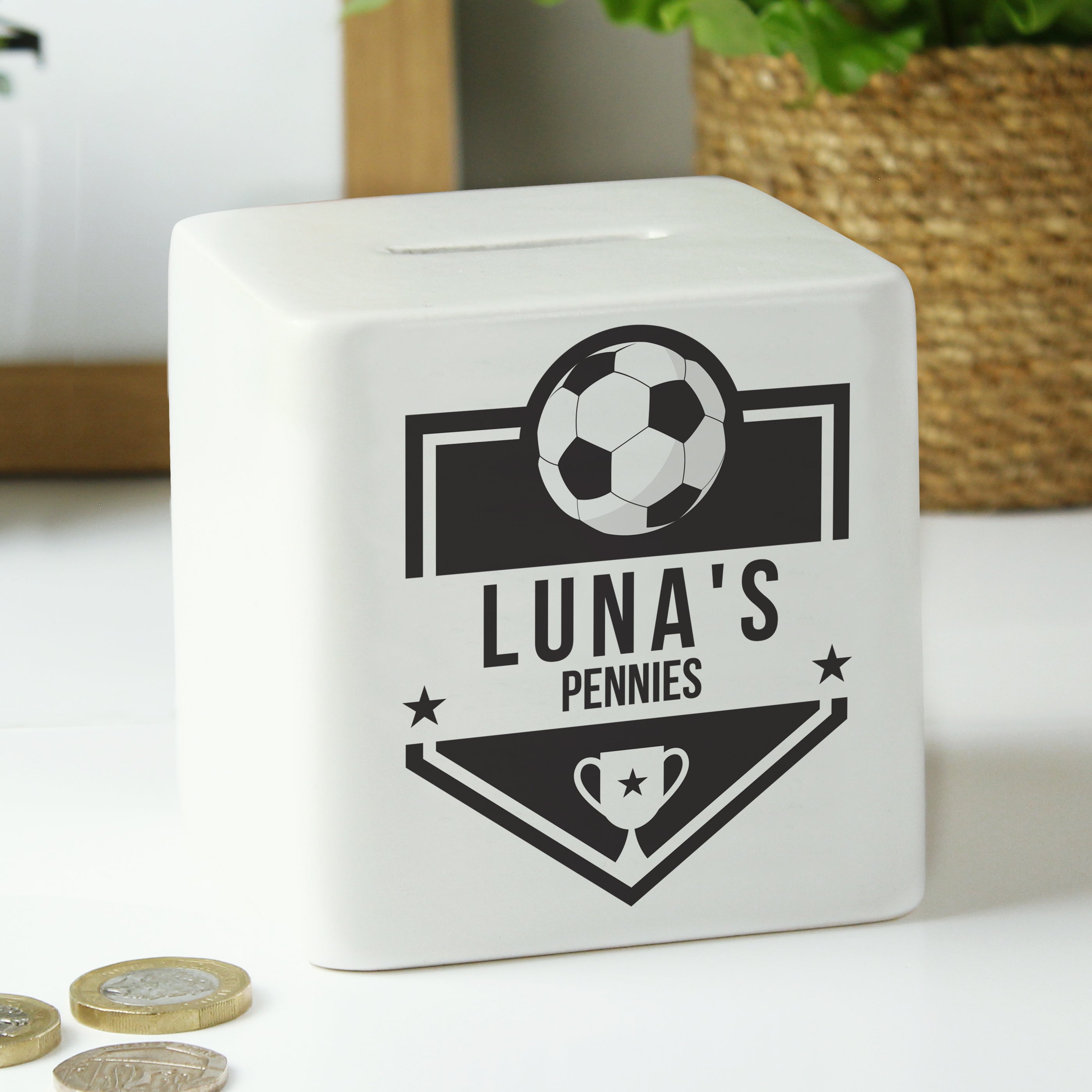 Money Boxes Personalised Football Badge Ceramic Square Money Box