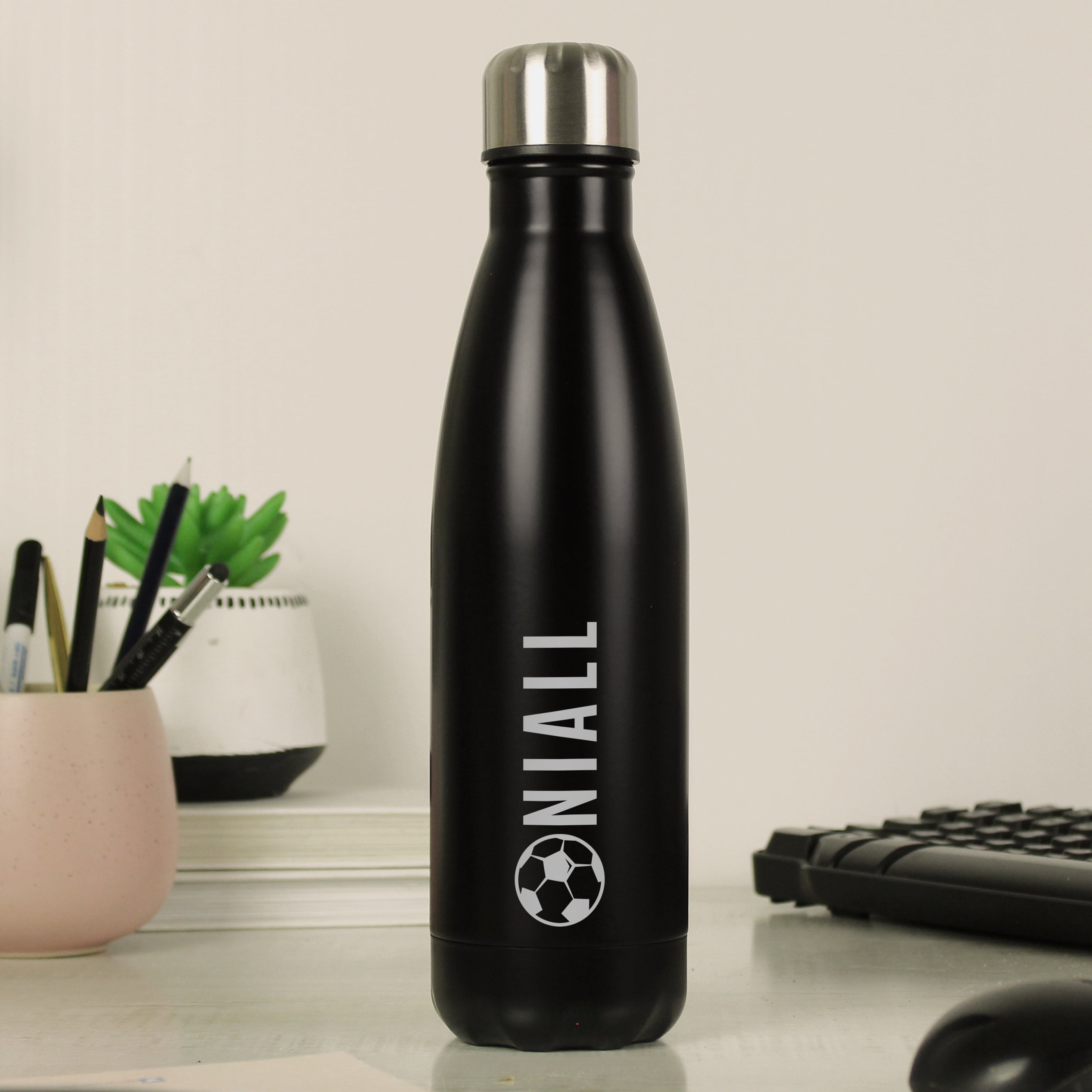 Drinks Bottles Personalised Football Black Metal Insulated Drinks Bottle