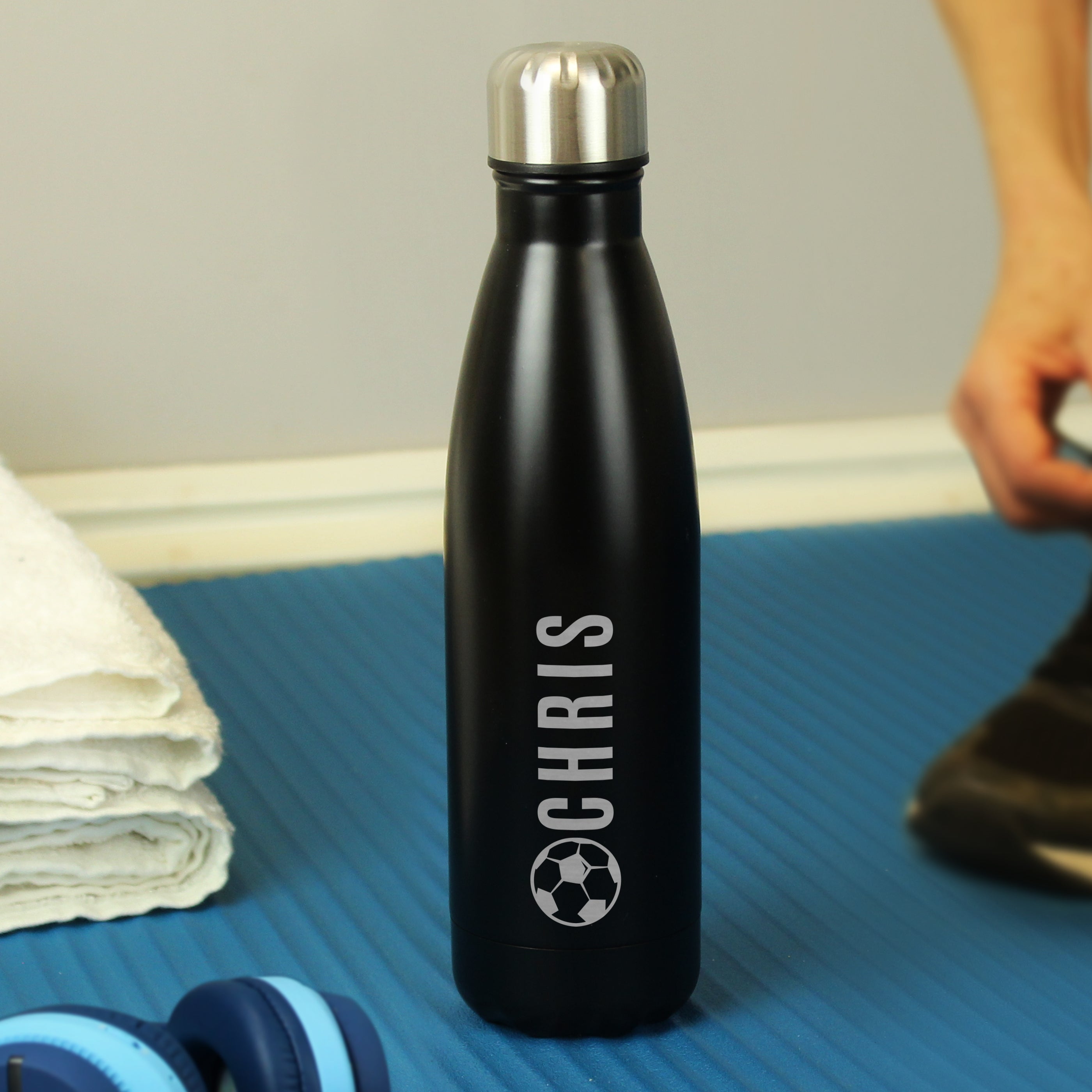 Drinks Bottles Personalised Football Black Metal Insulated Drinks Bottle