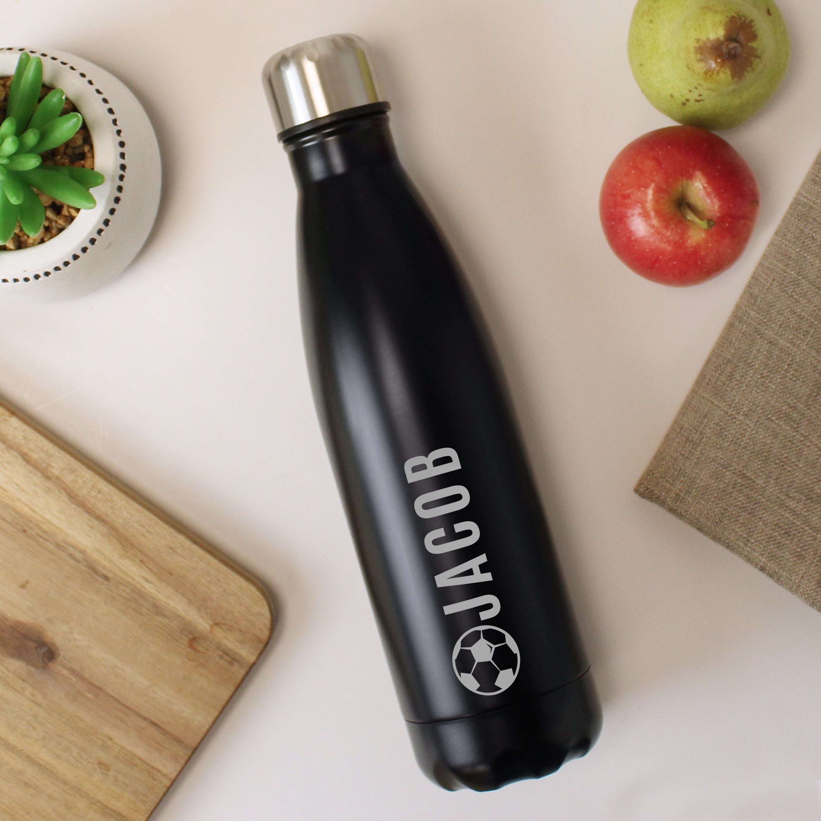 Drinks Bottles Personalised Football Black Metal Insulated Drinks Bottle