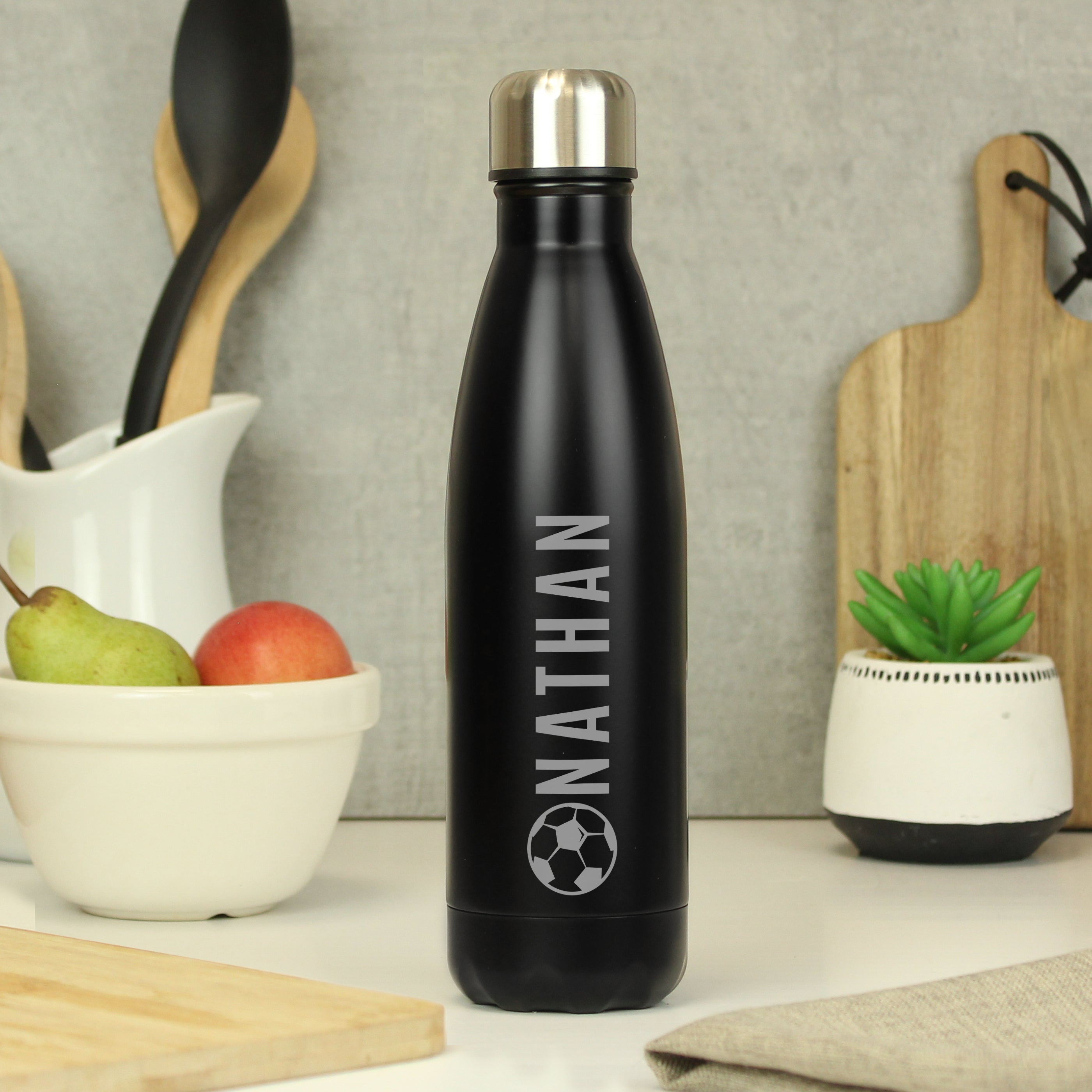 Drinks Bottles Personalised Football Black Metal Insulated Drinks Bottle