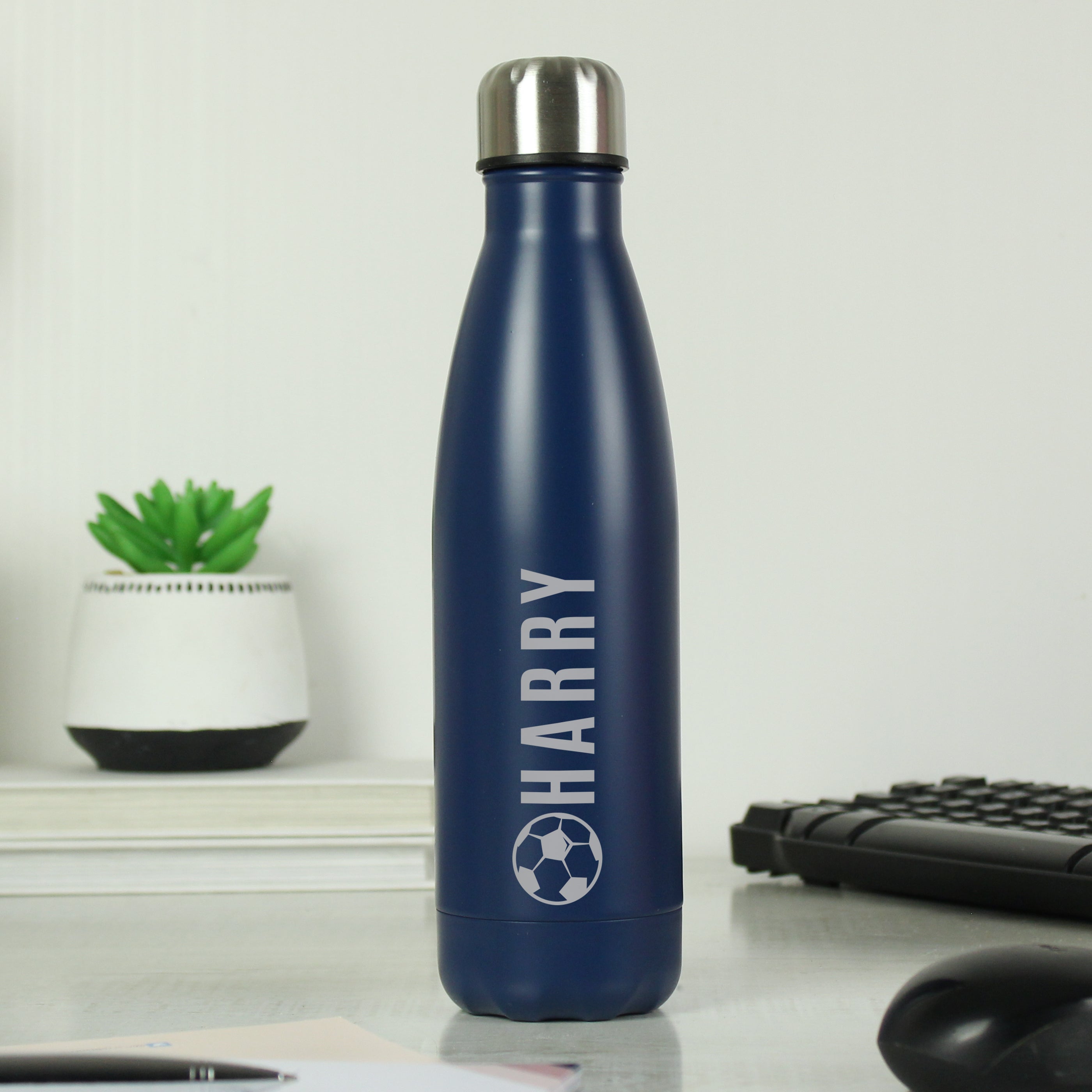 Drinks Bottles Personalised Football Navy Metal Insulated Drinks Bottle