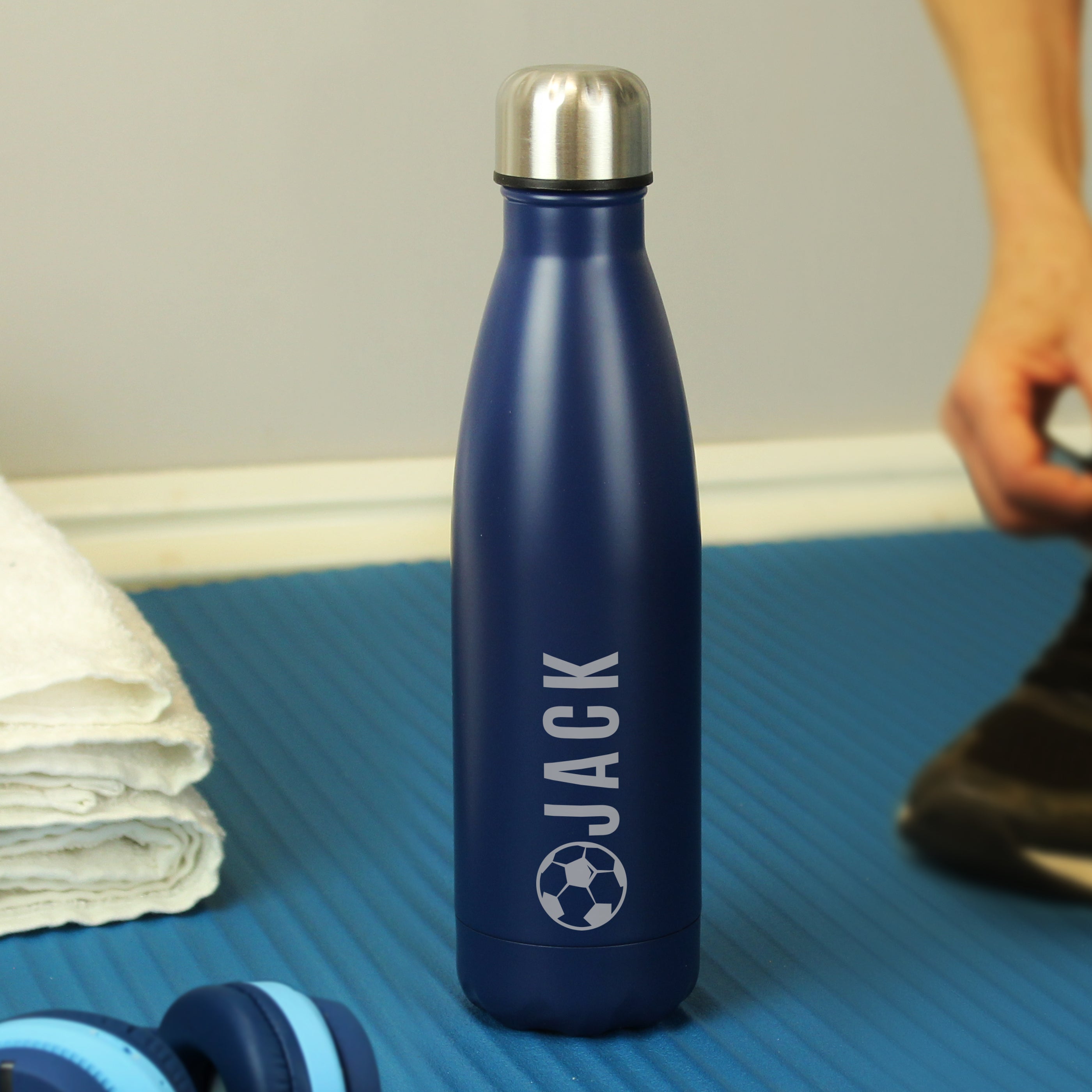 Drinks Bottles Personalised Football Navy Metal Insulated Drinks Bottle