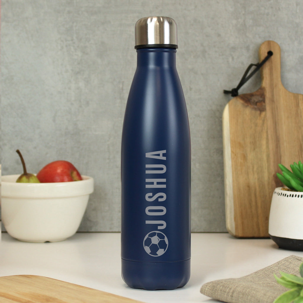 Drinks Bottles Personalised Football Navy Metal Insulated Drinks Bottle