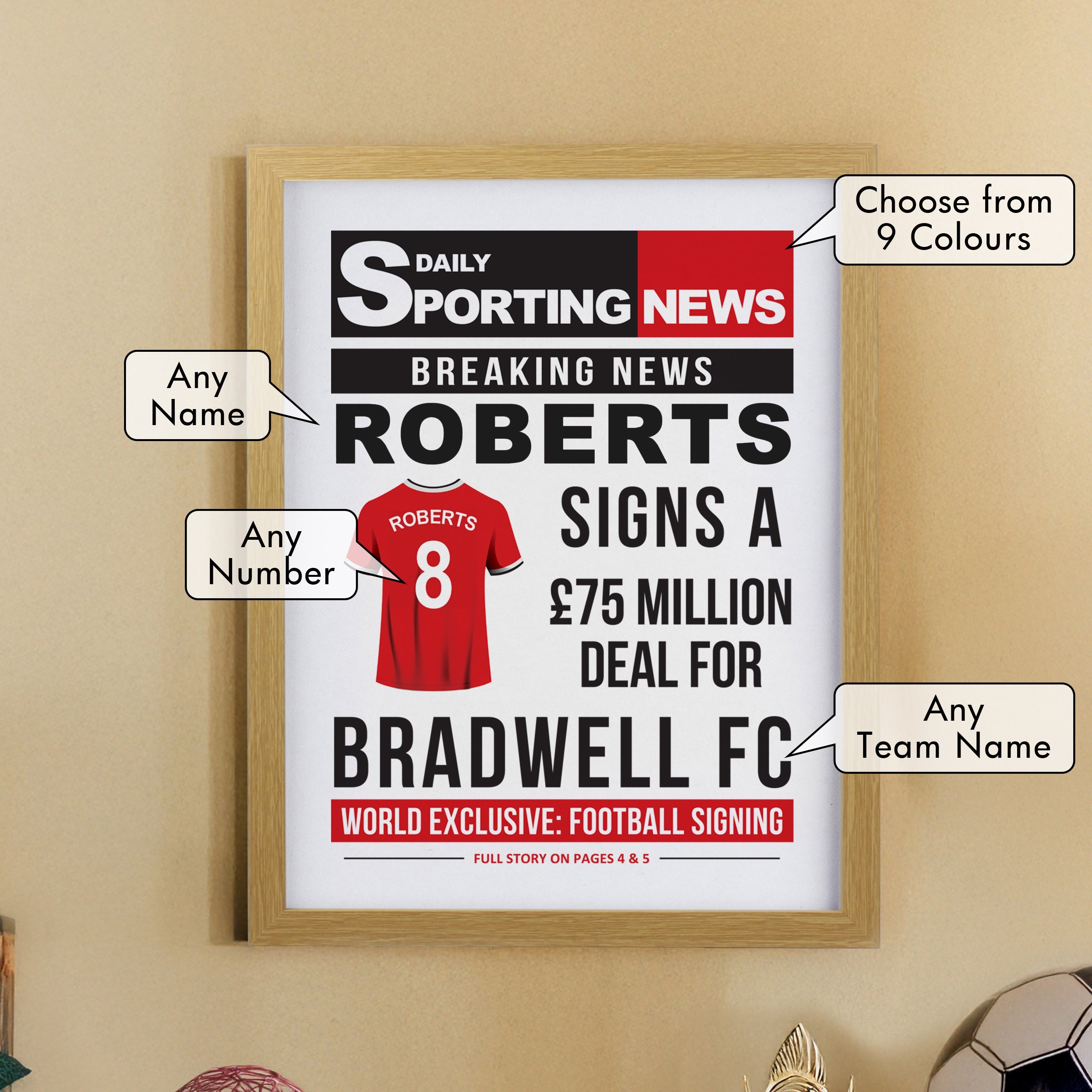 Framed Prints Personalised Football News Oak Poster Frame