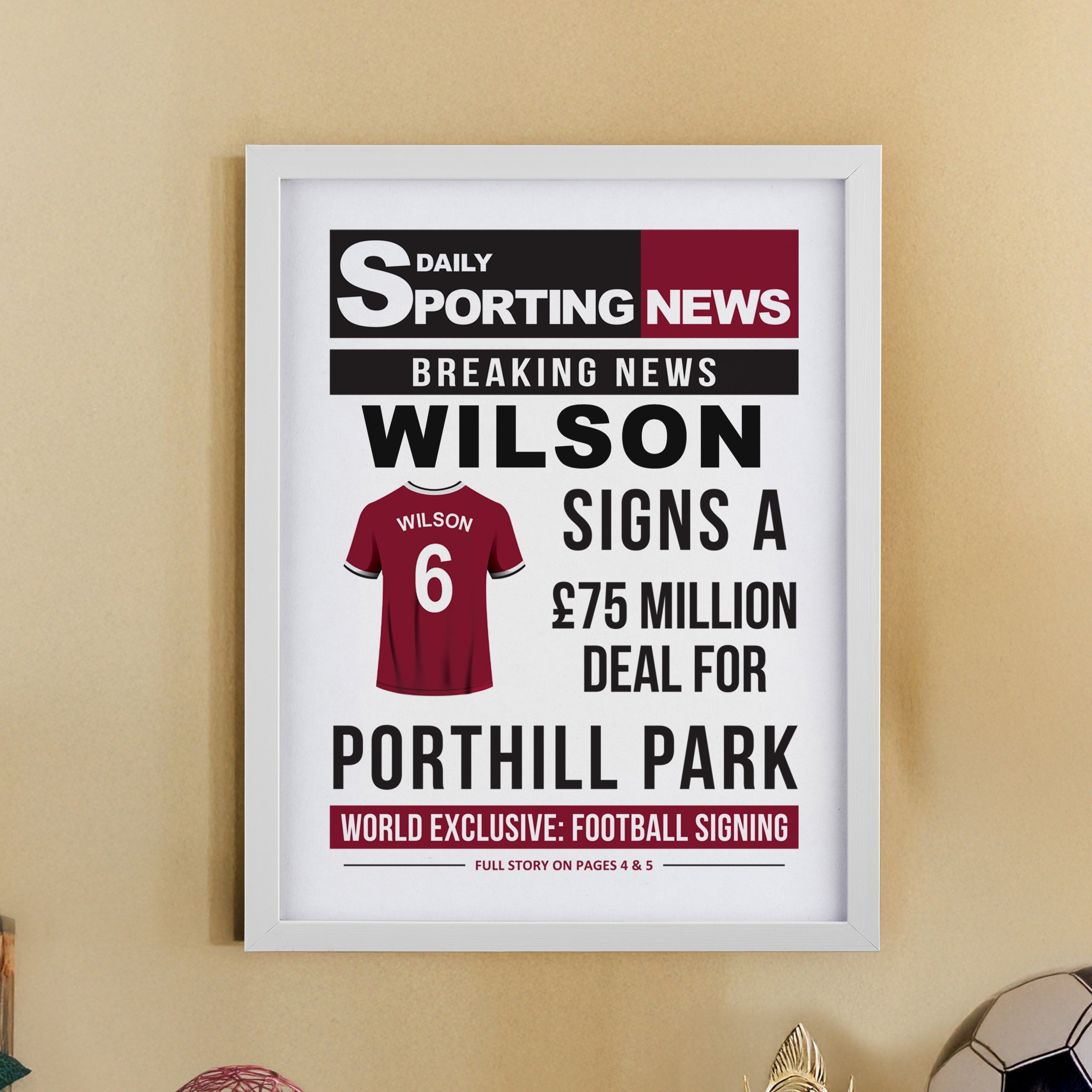 Framed Prints Personalised Football News White Poster Frame