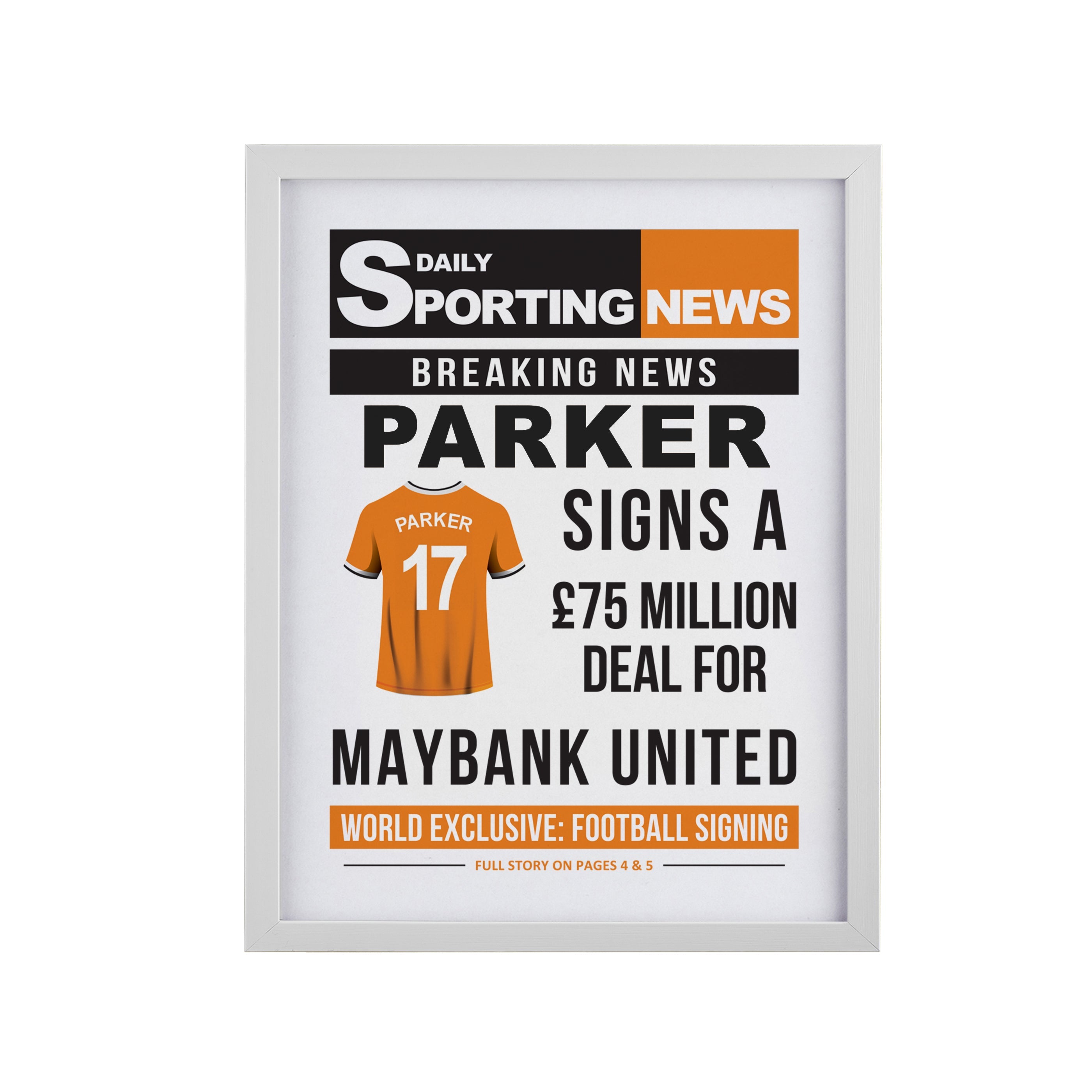 Framed Prints Personalised Football News White Poster Frame