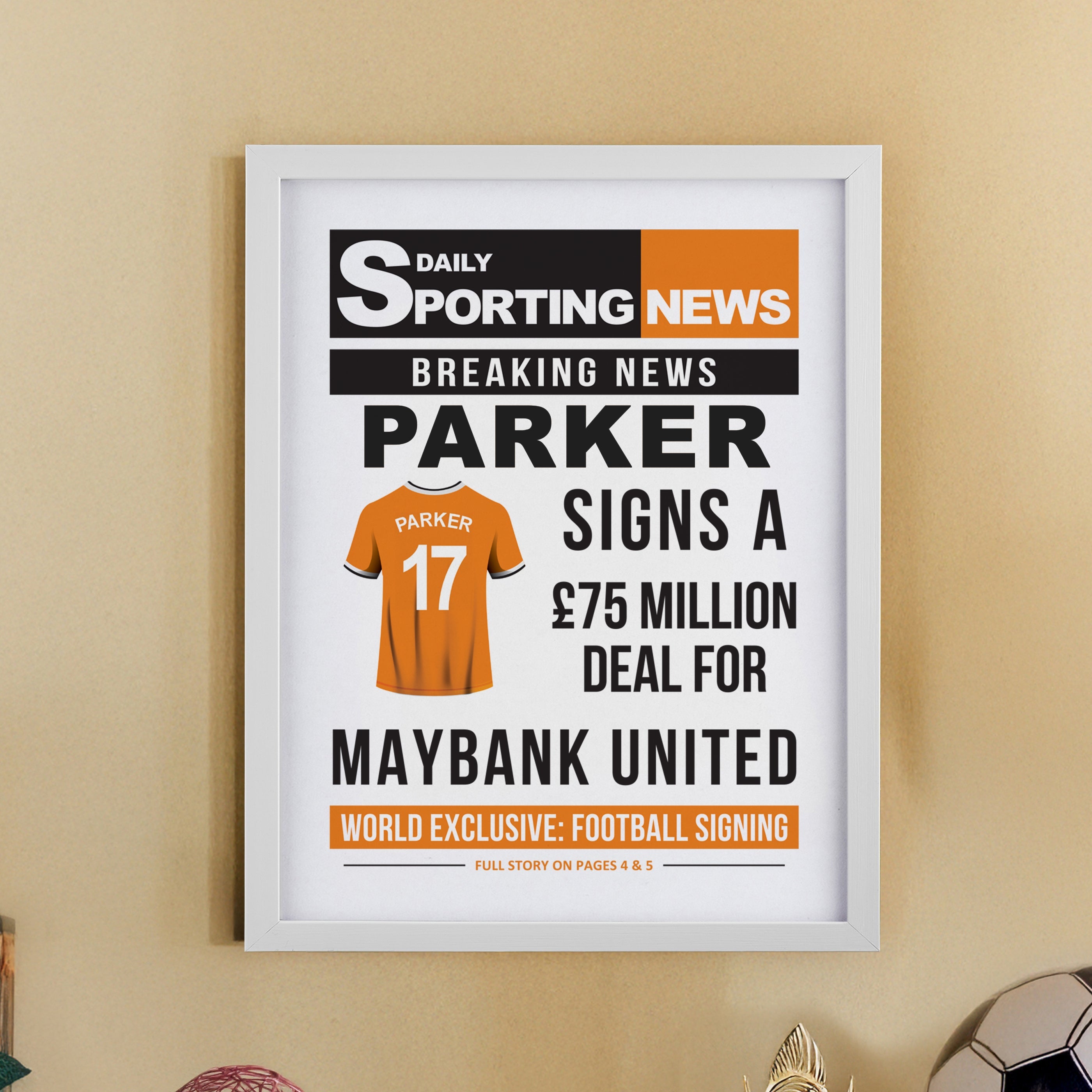 Framed Prints Personalised Football News White Poster Frame