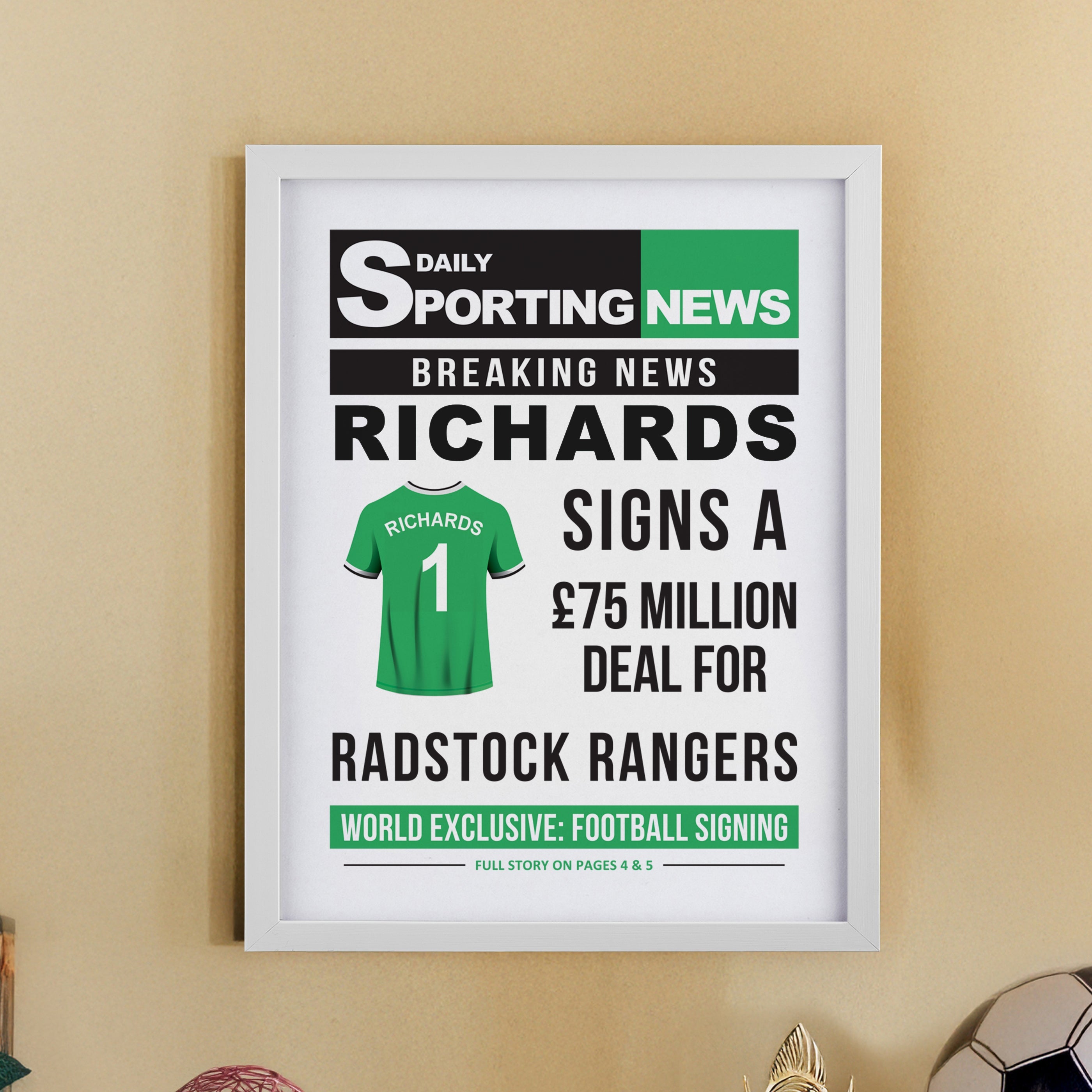 Framed Prints Personalised Football News White Poster Frame