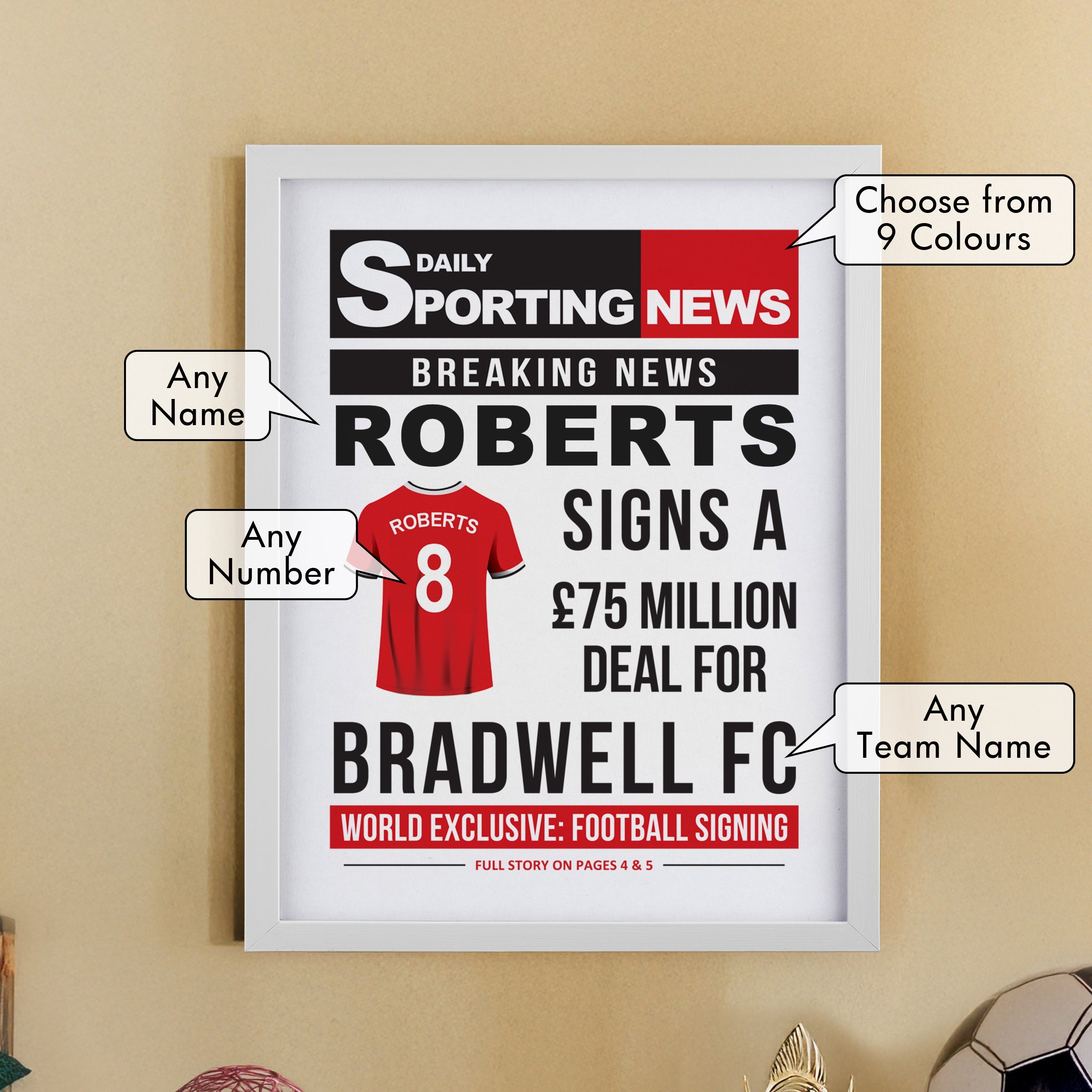 Framed Prints Personalised Football News White Poster Frame