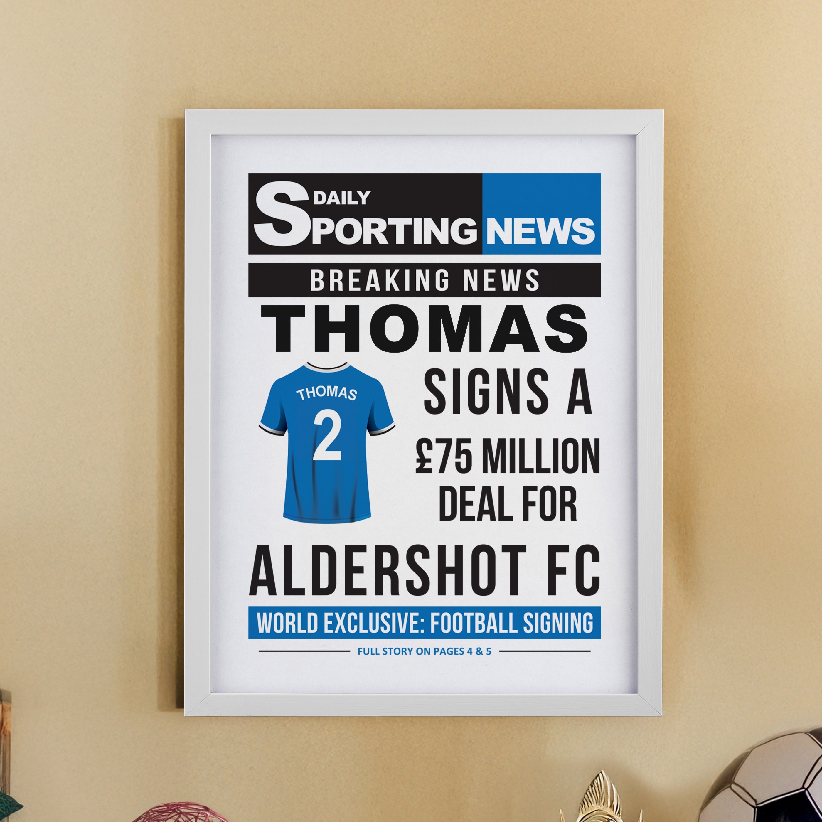 Framed Prints Personalised Football News White Poster Frame