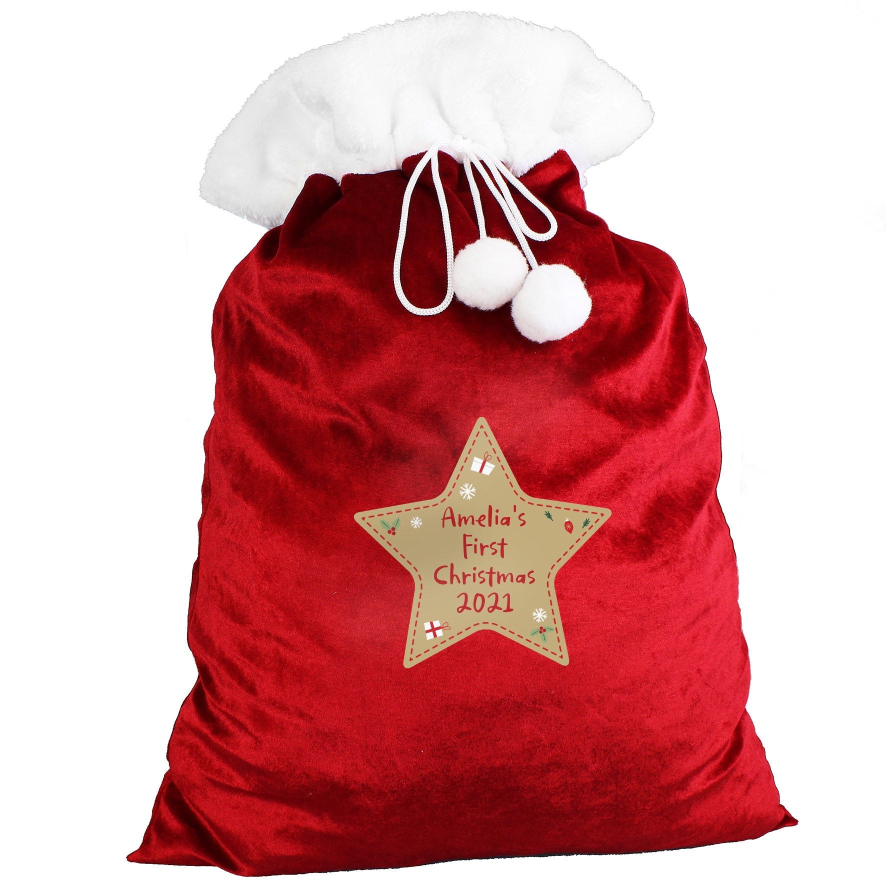 Christmas Decorations Personalised Free Text Star Luxury Pom Pom Red Sack