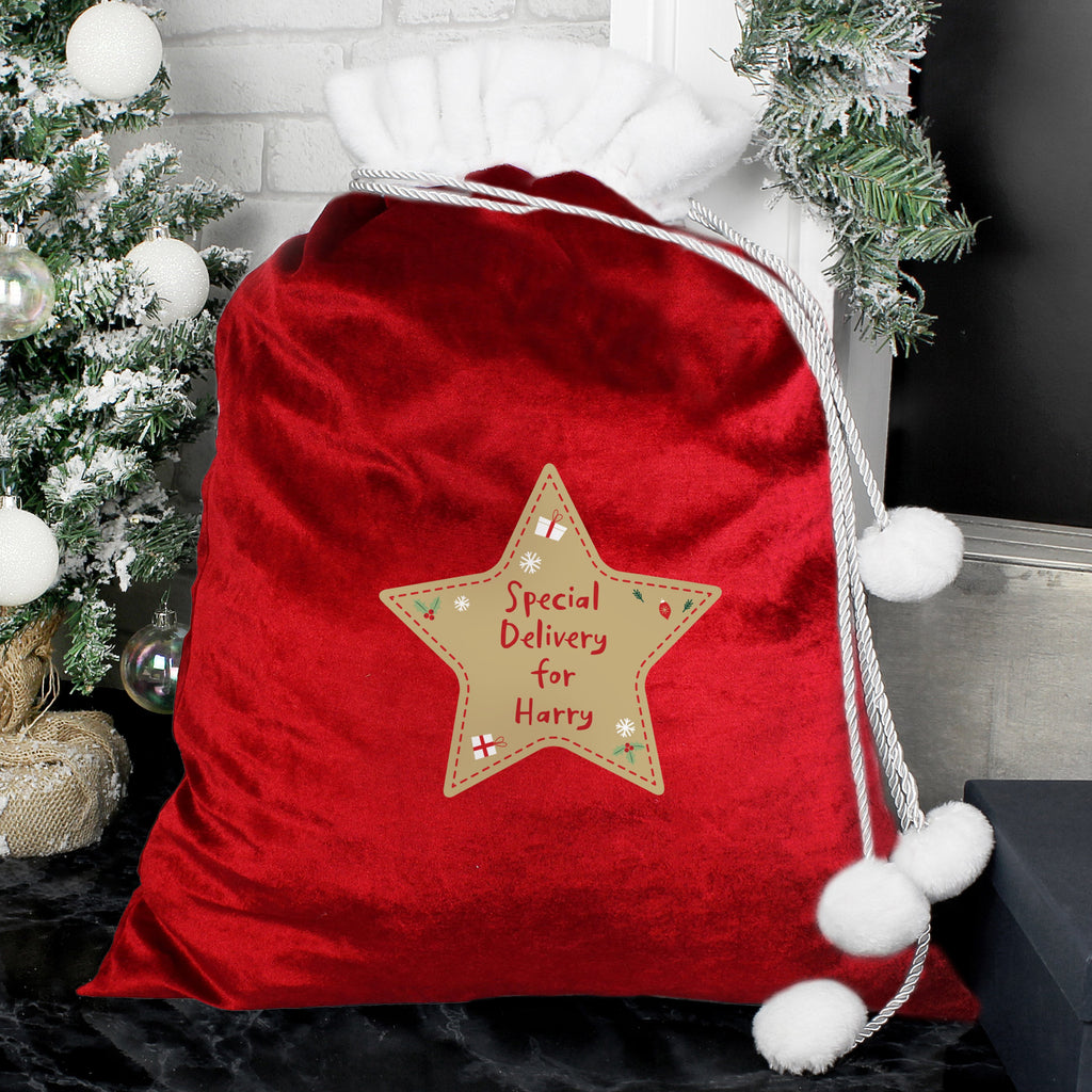 Christmas Decorations Personalised Free Text Star Luxury Pom Pom Red Sack