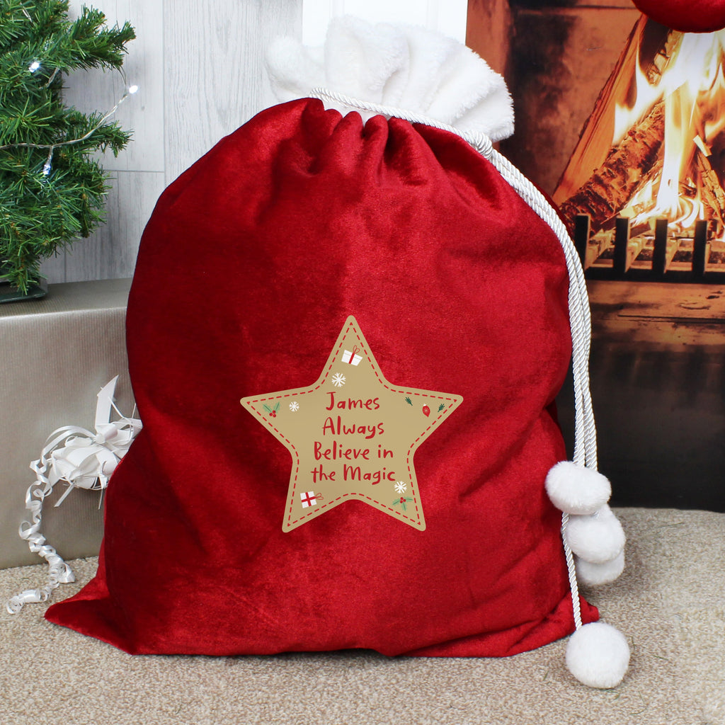 Christmas Decorations Personalised Free Text Star Luxury Pom Pom Red Sack