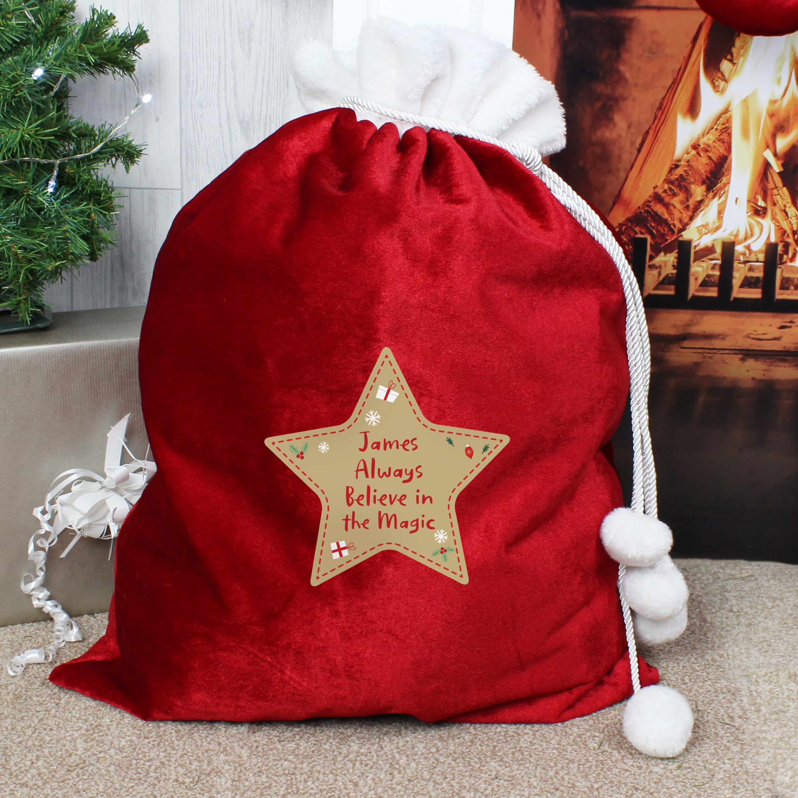 Christmas Decorations Personalised Free Text Star Luxury Pom Pom Red Sack