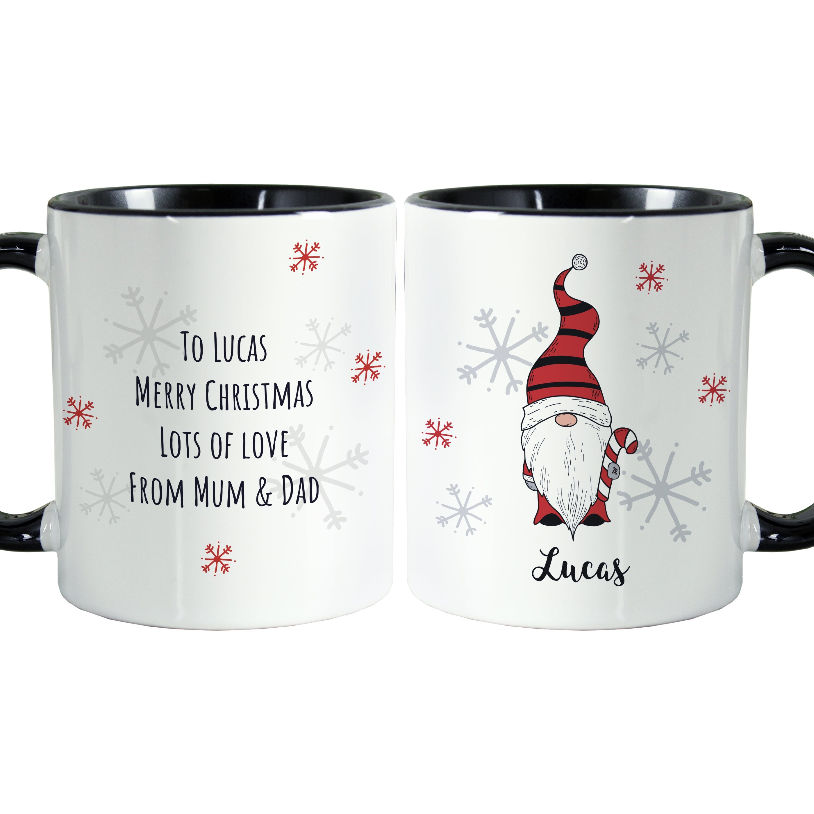Mugs Personalised Gonk Family Black Handled Christmas Mug - Boy