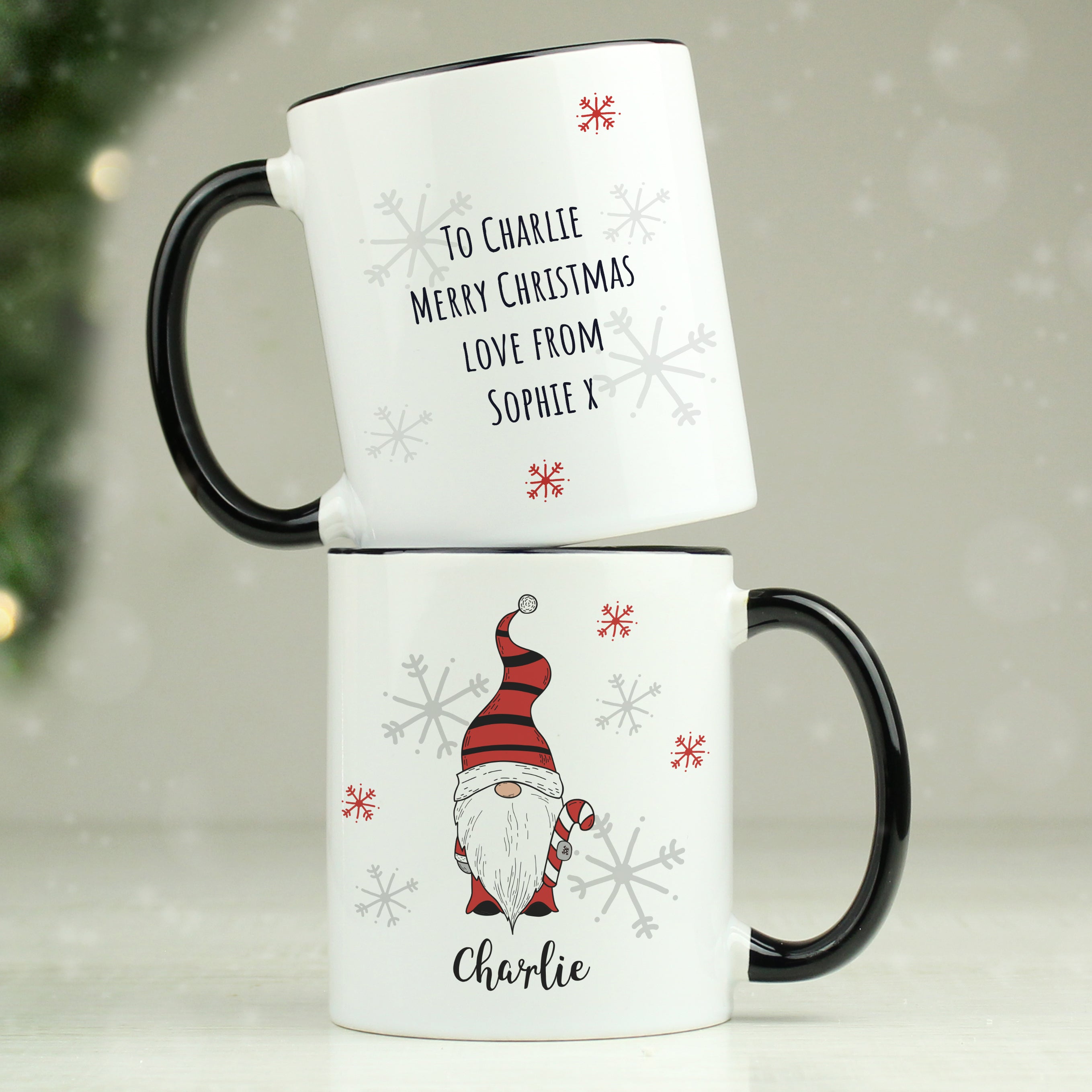 Mugs Personalised Gonk Family Black Handled Christmas Mug - Boy